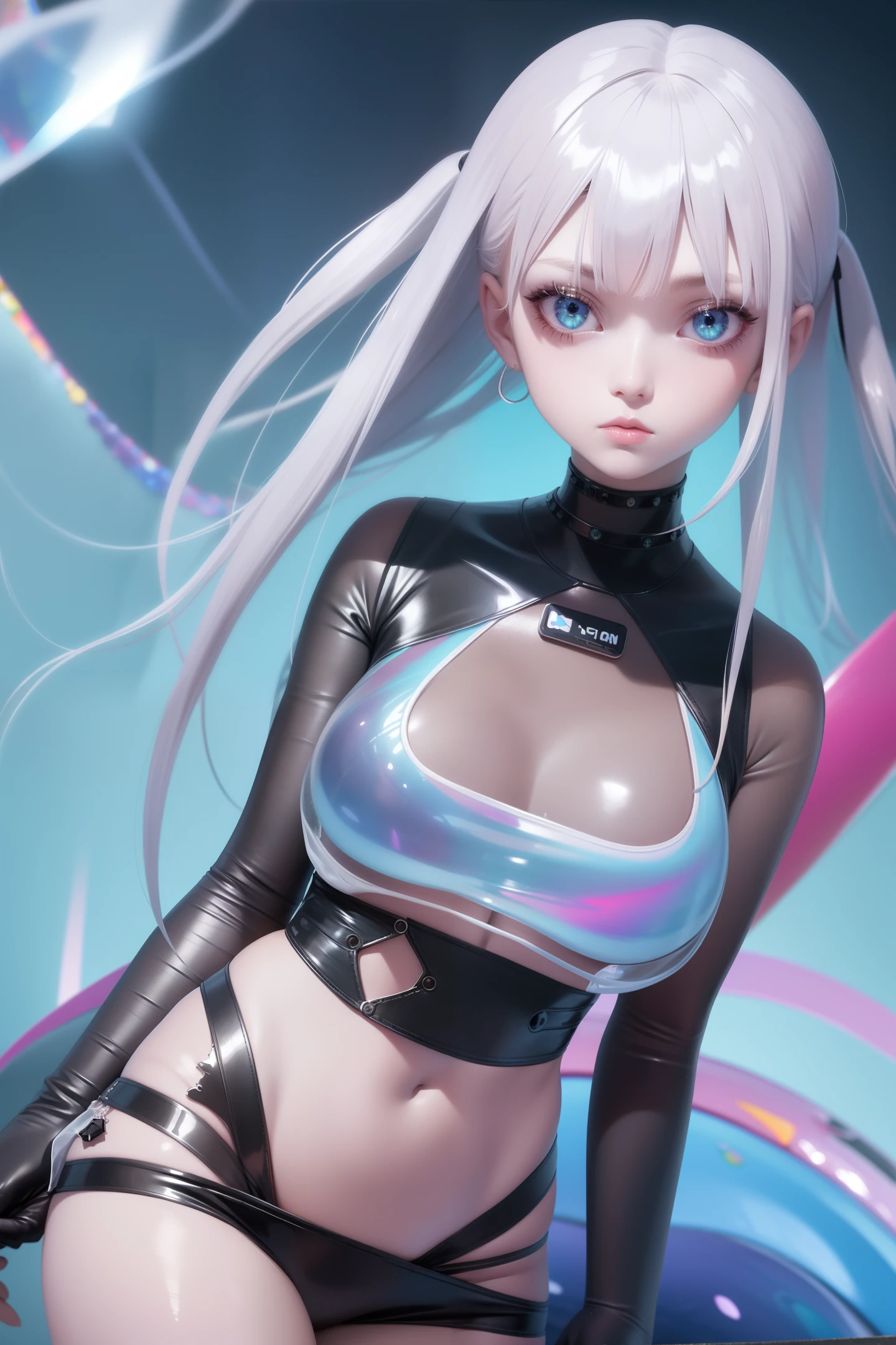 1 girl wears colorful transparent pvc texture loose sport clothes with ((thin film interference)), whole body, baseball bat in hand, perfect waist-hip ratio, prism, melancholy expression, beautiful eyes, brilliance, jewelry, portrait, game original painting, anime character concept design, beautiful face, black background