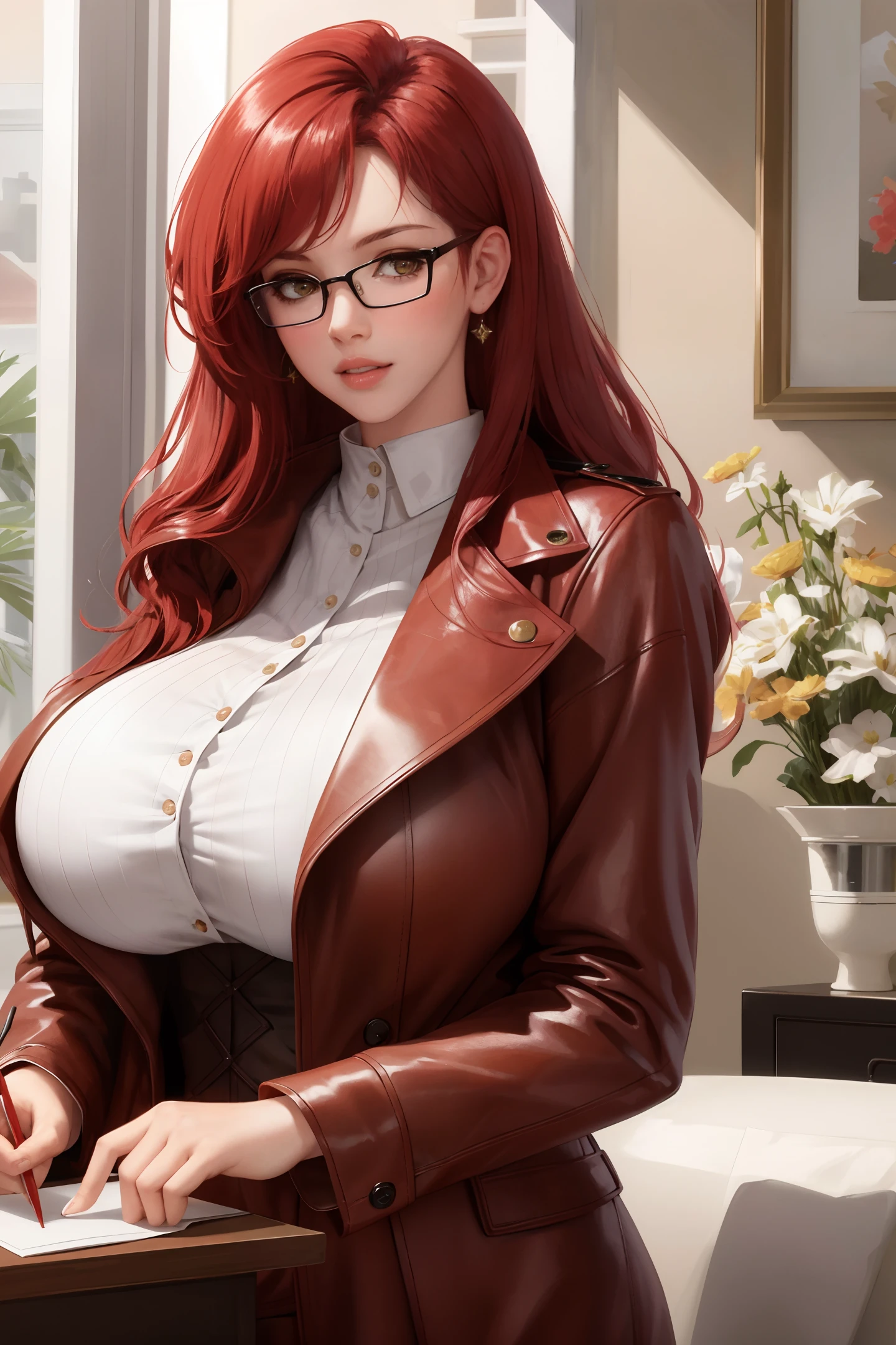 masterpiece:1.2, best quality), realistic, (real picture, intricate details, depth of field), (1girl, solo), make up, parted lips, highly-detailed, perfect face,
(huge breasts:1.4), (skindentation), thick thighs, wide hips, tall, glossy coral lips, (sightly fat),
red hairs, red eyes, silver glasses, gentle, rational aesthetic,
(A girl writing a letter, brown leather coat), sexy, blushing,