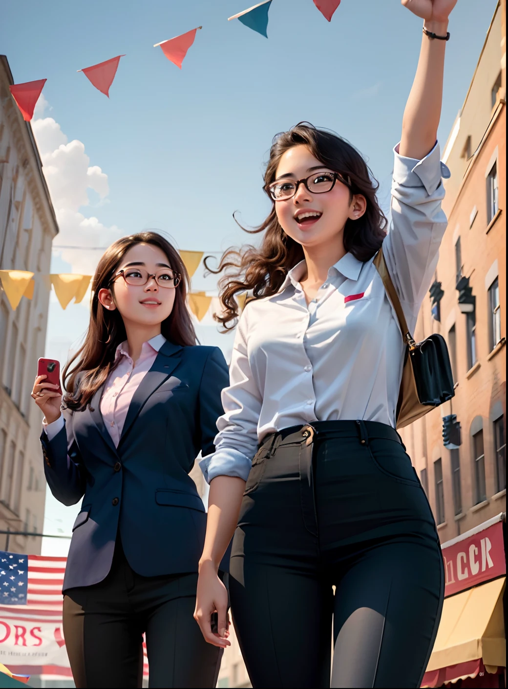 Labor day, awesome, super detailed, realistic ((two young women)), business attire, glasses, asian, happy emoji, celebration, crowd, audience, cheering, applause, bunting, festive, wide shot, looking up , far away, outdoor, clear sky, on the square, (away from the camera), full body,