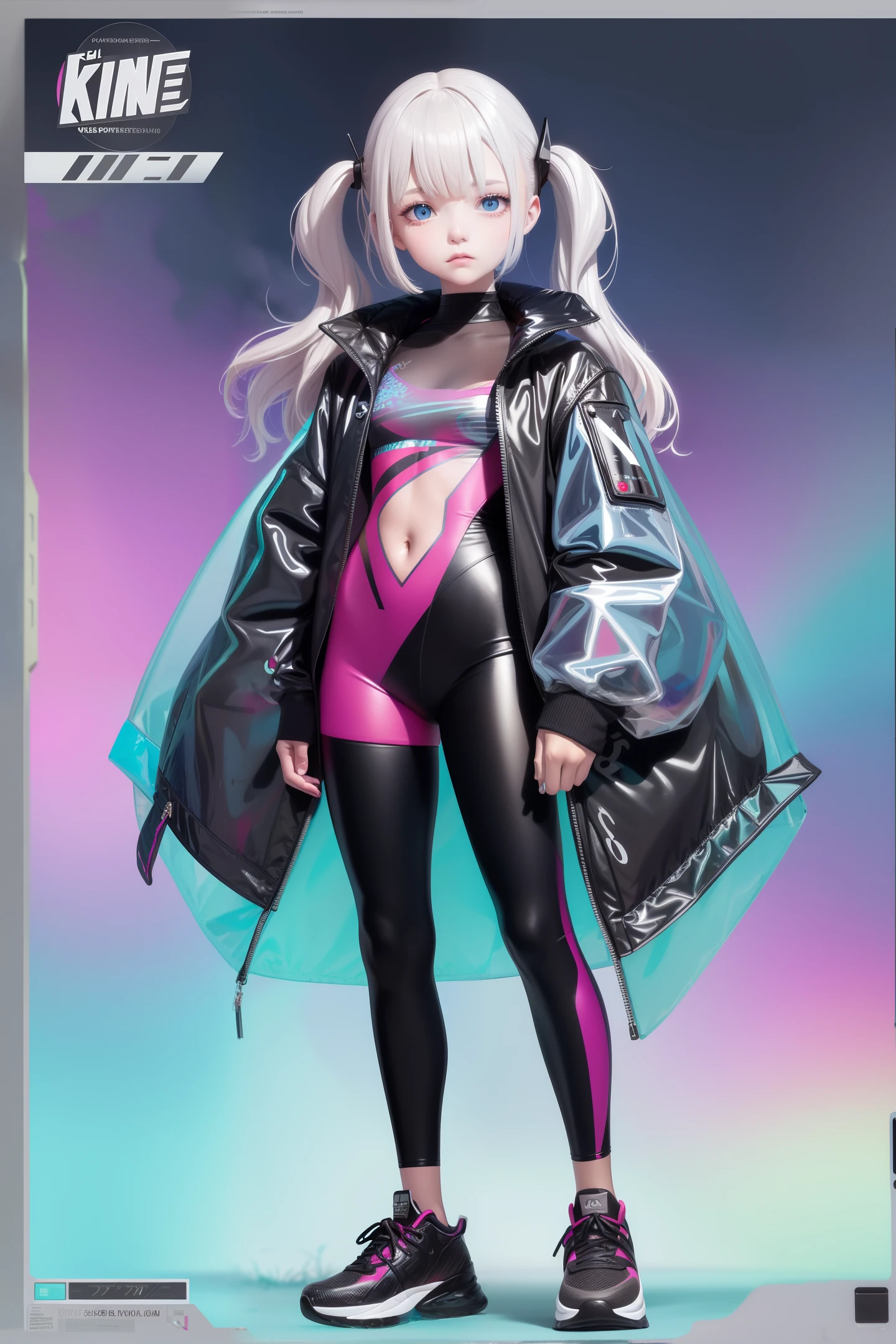 1 girl wearing colorful transparent PVC texture sports coat (((film interference))), whole body, wearing sneakers, standing on the street, sad expression, beautiful eyes, luster, jewelry, portrait, game original painting, anime character concept design, beautiful face, black background
