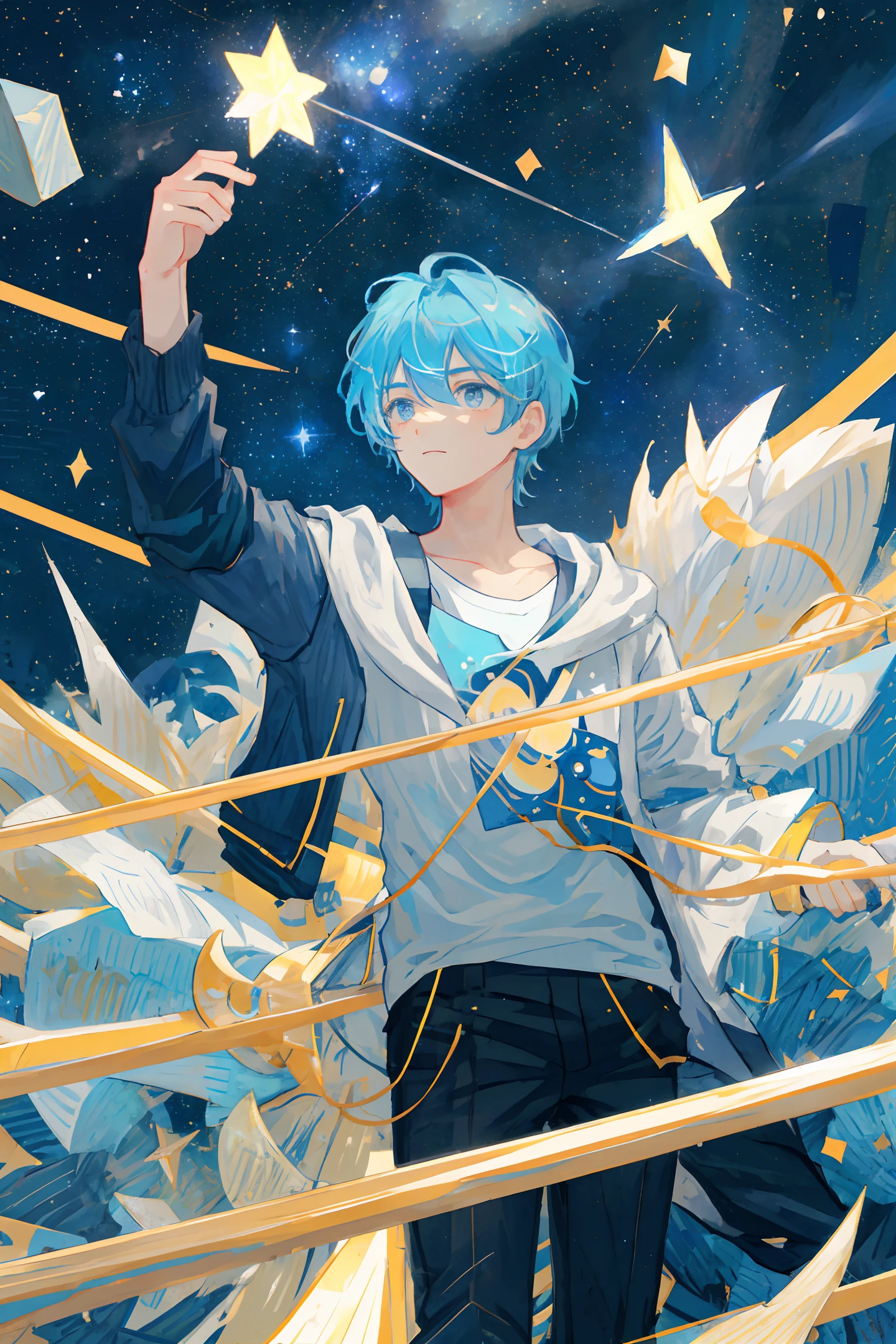 An image of a young and handsome boy with light blue hair gazing up at the starry night sky during, with shooting stars streaking across the heavens.