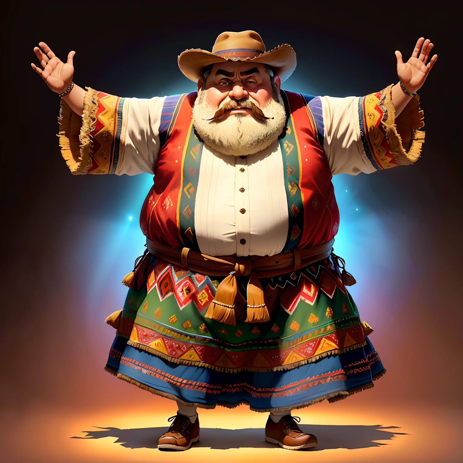 A fat Mexican middle-aged old man with a brown beard, waring a hat, wearing a traditional dress, Pixar, full body, pure front, hands stretched forward, light perception, optimized details
