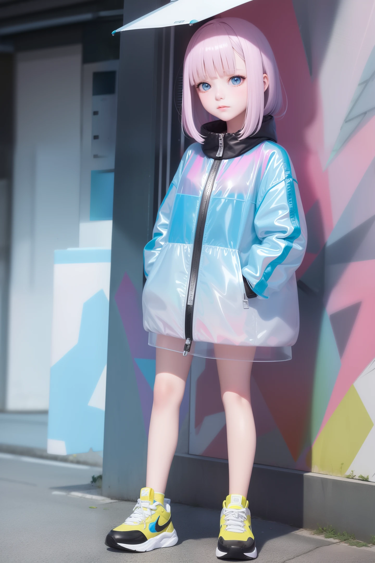 1 girl wearing colorful transparent PVC texture coat (((film interference))), whole body, wearing sneakers, standing on the street, sad expression, beautiful eyes, luster, jewelry, portrait, game original painting, anime character concept design, beautiful face, black background