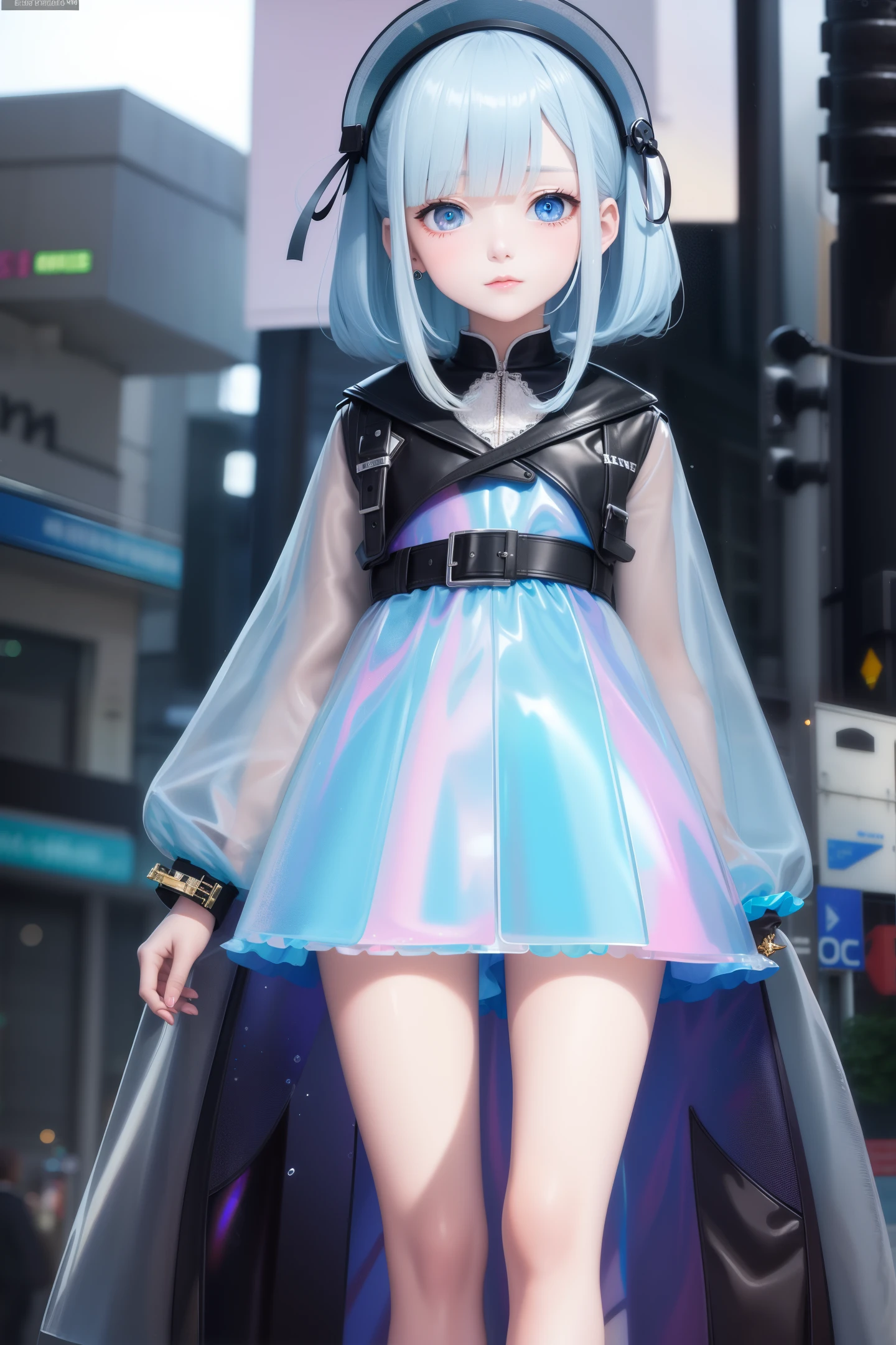 1 girl wearing colorful transparent PVC texture coat (((film interference))), whole body, standing on the street, sad expression, beautiful eyes, luster, jewelry, portrait, game original painting, anime character concept design, beautiful face, black background