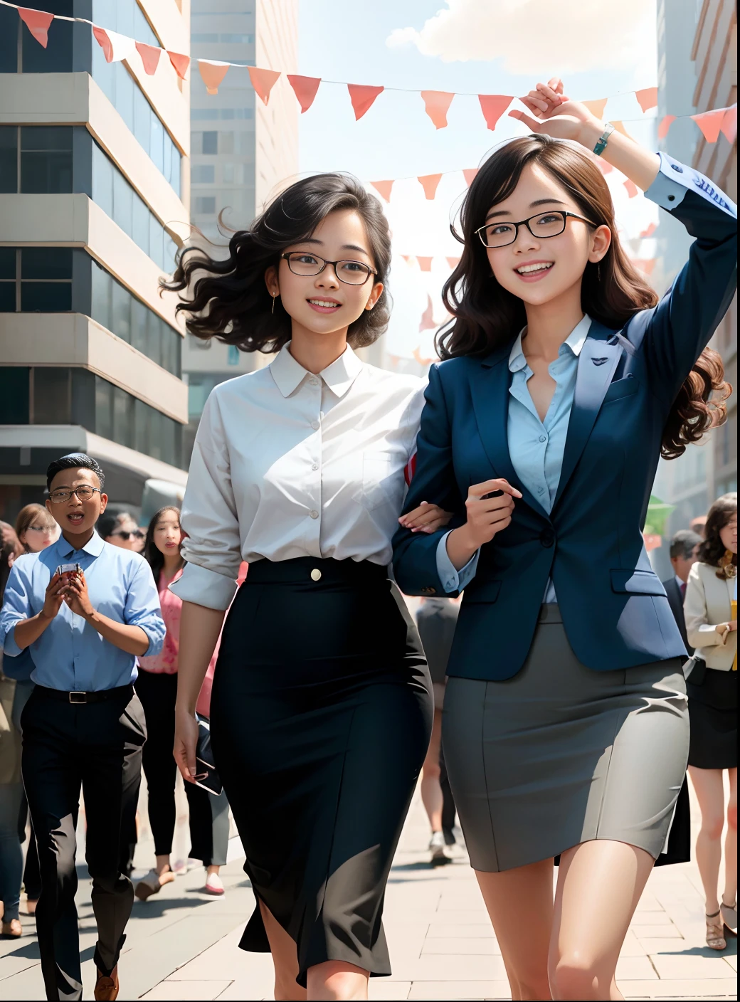 Labor day, awesome, super detailed, realistic ((two young women)), hands up cheering, detailed face, detailed eyes, detailed eyeballs, business attire, glasses, asian, happy emoji, celebrate event, crowd, audience, cheering, applause, bunting, festival, wide angle shot, looking up, distance, outdoors, clear sky, in a square, (away from camera), full body,