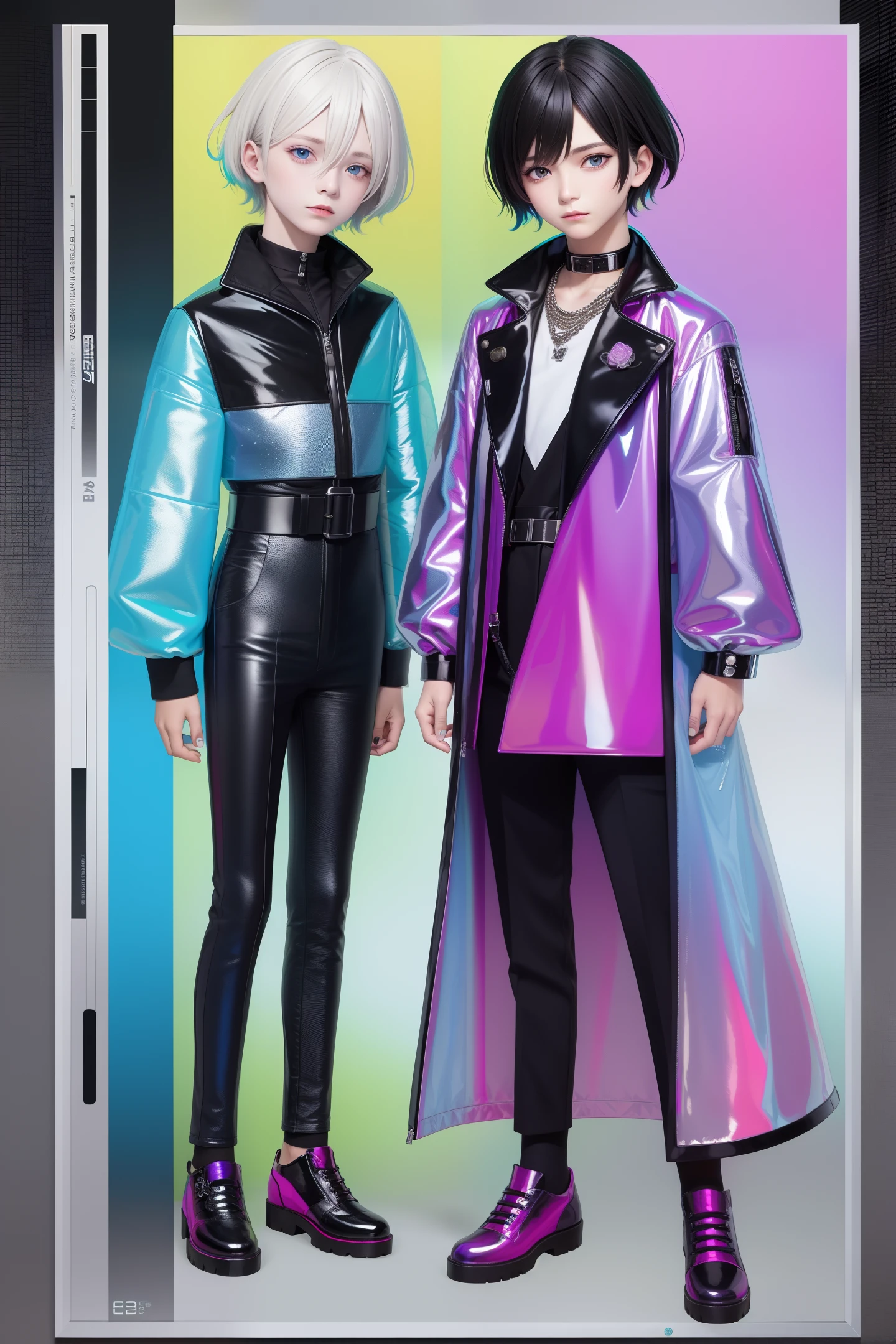 1 boy wearing colorful transparent PVC texture coat (((film interference))) and wearing fashionable shoes, whole body, beautiful eyes, luster, jewelry, portrait, game original painting, anime character concept design, beautiful face, black background