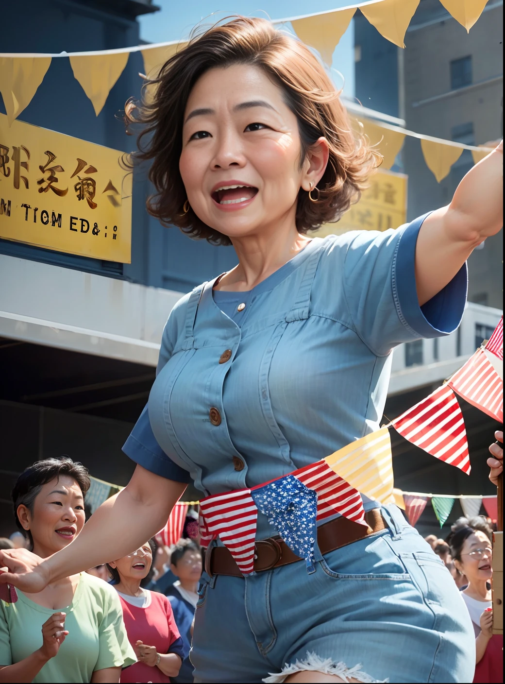 labor day, awesome, super detailed, realistic ((middle aged woman)), asian, happy expression, middle age, celebration, crowd, audience, cheering, applause, bunting, festival, wide angle shot, looking up shot, distance, ( far from the camera), the whole body,