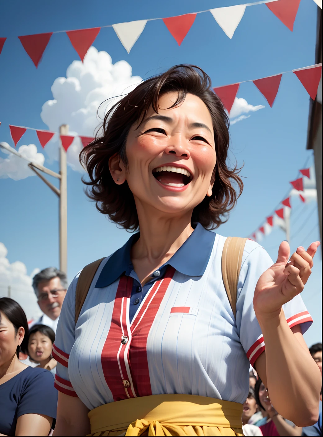 labor day, awesome, super detailed, realistic ((middle aged woman)), asian, happy expression, middle age, celebration, crowd, audience, cheering, applause, bunting, festival, wide angle shot, looking up shot, distance, ( far from the camera), the whole body,