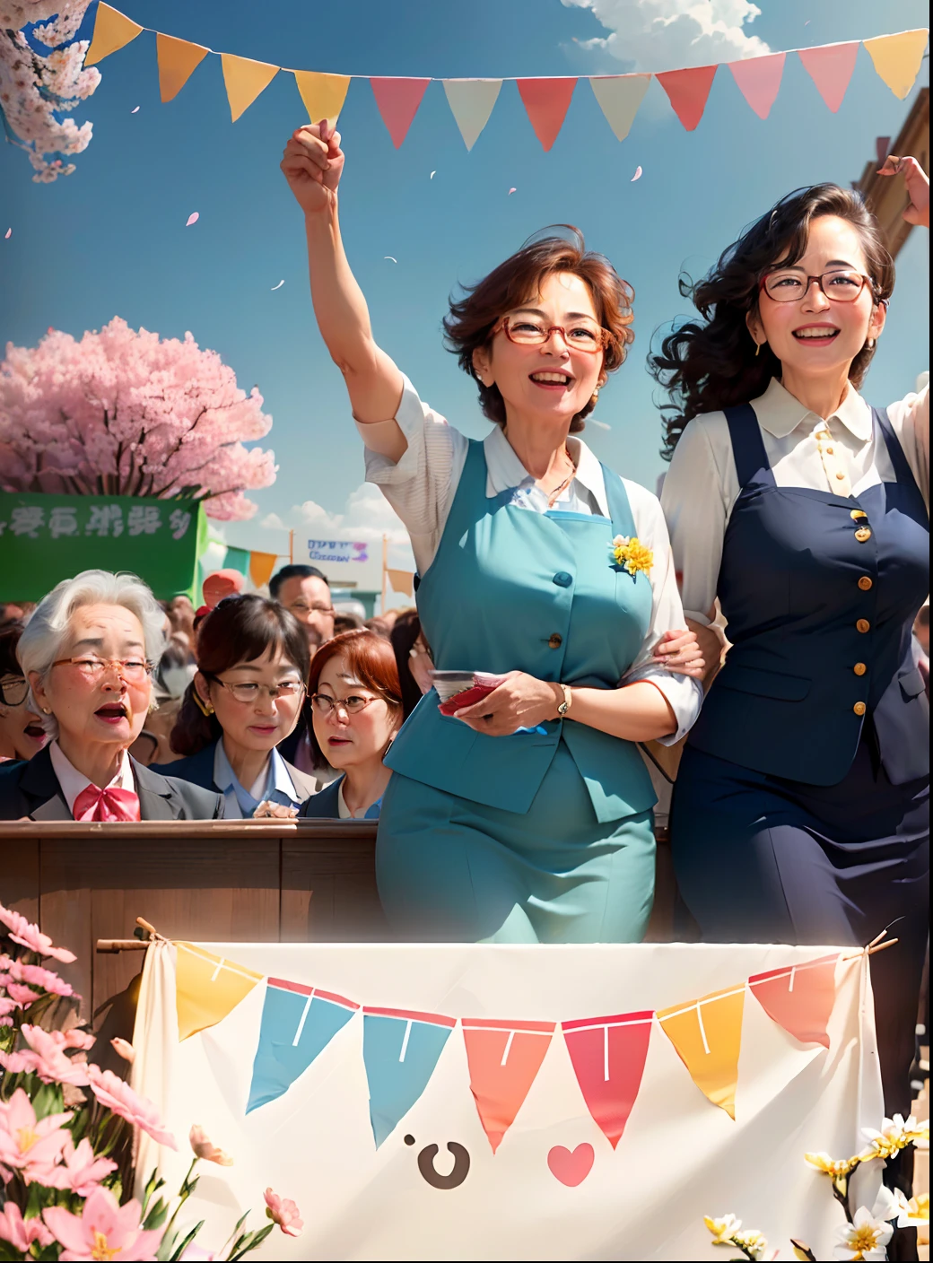 Labor day, awesome, super detailed, realistic ((two middle aged women, business wear, glasses, asian, happy emoji, celebration, crowd, audience, cheering, applause, bunting, festival, wide angle shot , look up, distance, outdoor, clear sky, on the square, (away from the camera), full body, flowers, spring blossoms