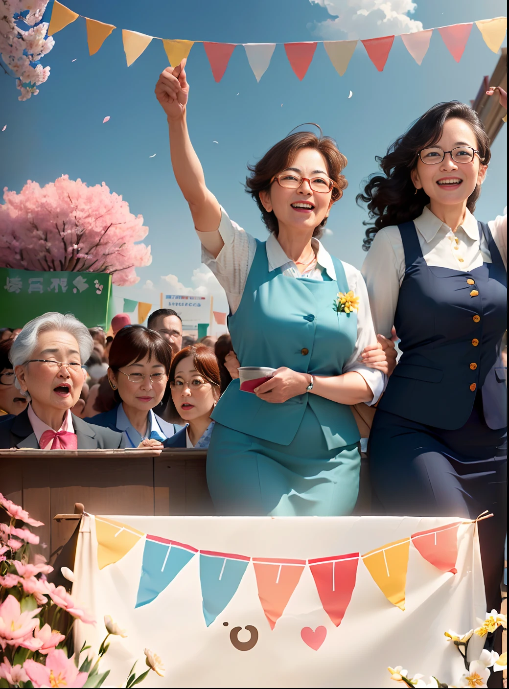 Labor day, awesome, super detailed, realistic ((two middle aged women, business wear, glasses, asian, happy emoji, celebration, crowd, audience, cheering, applause, bunting, festival, wide angle shot , look up, distance, outdoor, clear sky, on the square, (away from the camera), full body, flowers, spring blossoms