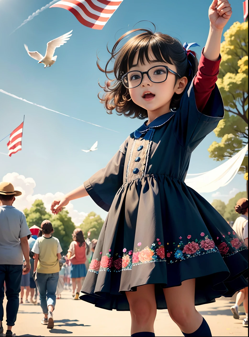 labor day, awesome, super detailed, realistic (()), hands up cheering, detailed face, detailed eyes, detailed eyeballs, beautiful dress, glasses, asian, happy emoji, celebrate Event, Crowd, Audience, Cheers, Applause, Colorful Flags, Festival, Wide Angle Shot, Looking Up, Distance, Outdoors, Clear Sky, In Park, With Flowers, Big Trees, Pigeons Flying Freely, (Away from Camera), Full Body,