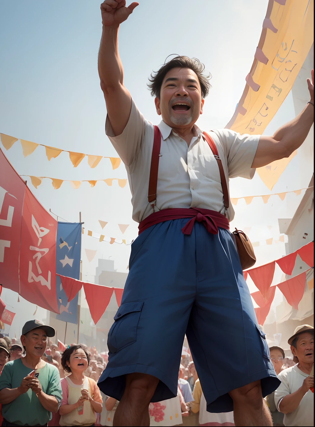 Labor Day, super awesome, super detailed, realistic ((uncle)), happy expression, middle-aged, celebration, crowd, audience, cheering, applause, bunting, festival, wide-angle shot, overhead shot , far away, (away from camera), full body, rice field,detailed face, detailed eyes, detailed expression