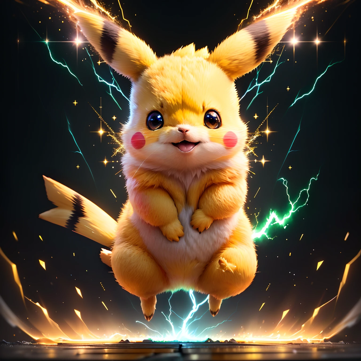 Extremely detailed CG unity 8K wallpaper, perfect rendering of the beloved character Pikachu, adorable and dynamic pose, detailed and vibrant yellow fur, brown eyes, cute red cheeks, chubby tail, sparkling energy, lightning effects, lush green background, immersive depth of field, volumetric light, a true masterpiece.