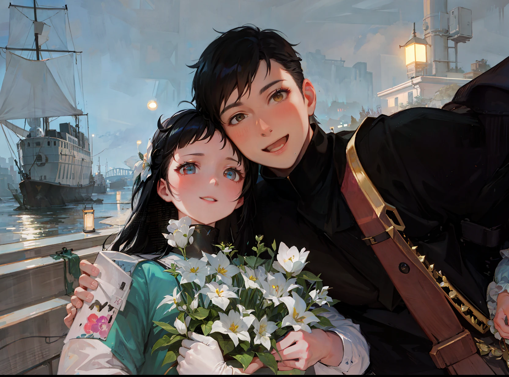 An ultra-detailed and delicate CG unity artwork, with best quality and illuminations, showcasing a charming couple posing for the camera. The girl on the right is holding a bunch of colorful flowers, while the boy is beaming with a smile, their eyes locked onto the viewer. The stunning cityscape in the background captures the night scene of a river, with twinkling lights and misty reflections adding to the romantic atmosphere.