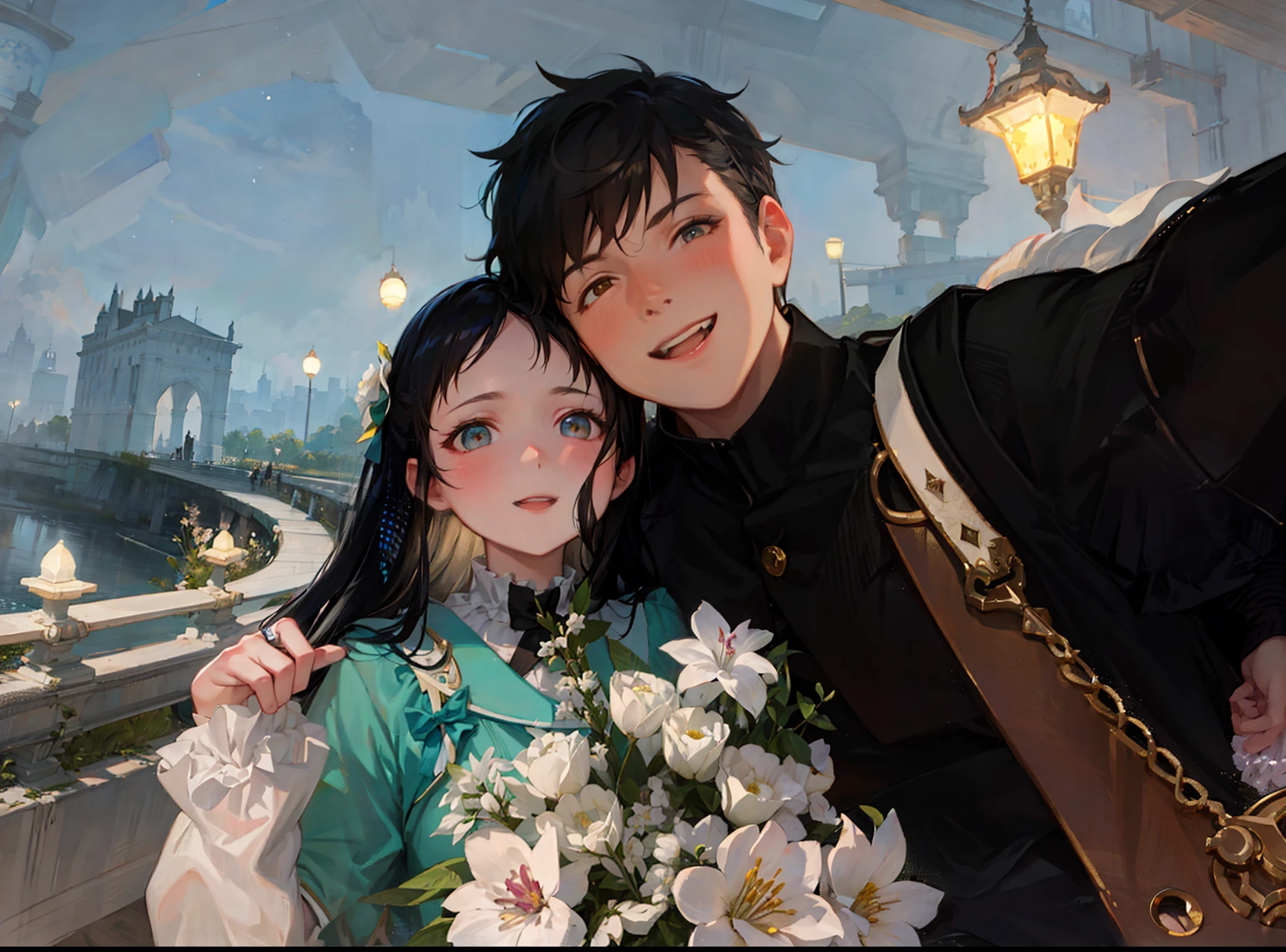 An ultra-detailed and delicate CG unity artwork, with best quality and illuminations, showcasing a charming couple posing for the camera. The girl on the right is holding a bunch of colorful flowers, while the boy is beaming with a smile, their eyes locked onto the viewer. The stunning cityscape in the background captures the night scene of a river, with twinkling lights and misty reflections adding to the romantic atmosphere.