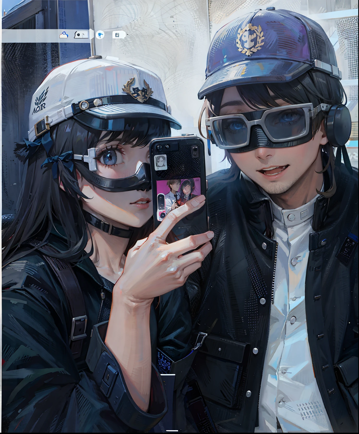 The girl on the left is taking a selfie with her phone，On the right is a handsome boy.



