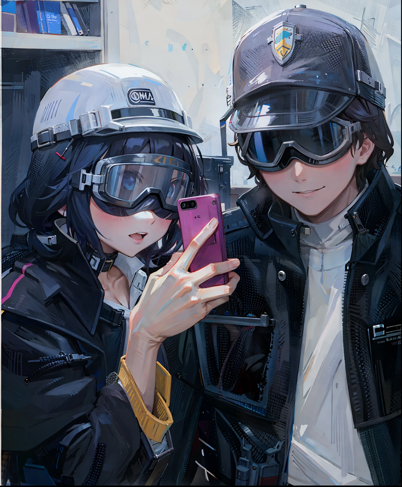 The girl on the left is taking a selfie with her phone，wearing windproof goggles，On the right is a handsome boy.



