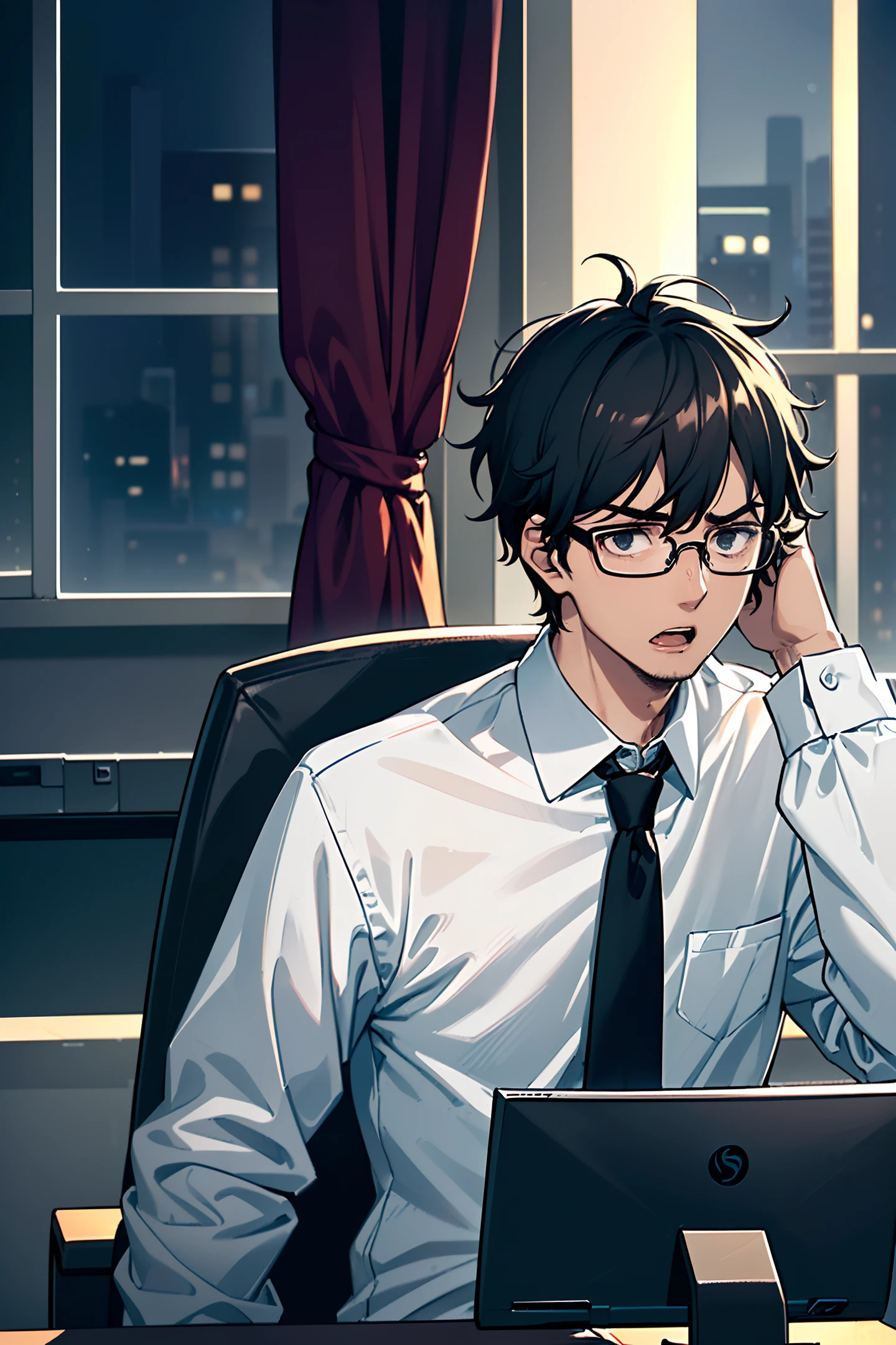 A man wearing black-rimmed glasses hates work, sitting in front of a computer, messy hair, downcast, severe dark circles ((open mouth and sigh)), he is the only one left at all the desks, (it's night outside the window), Only the computer glows
