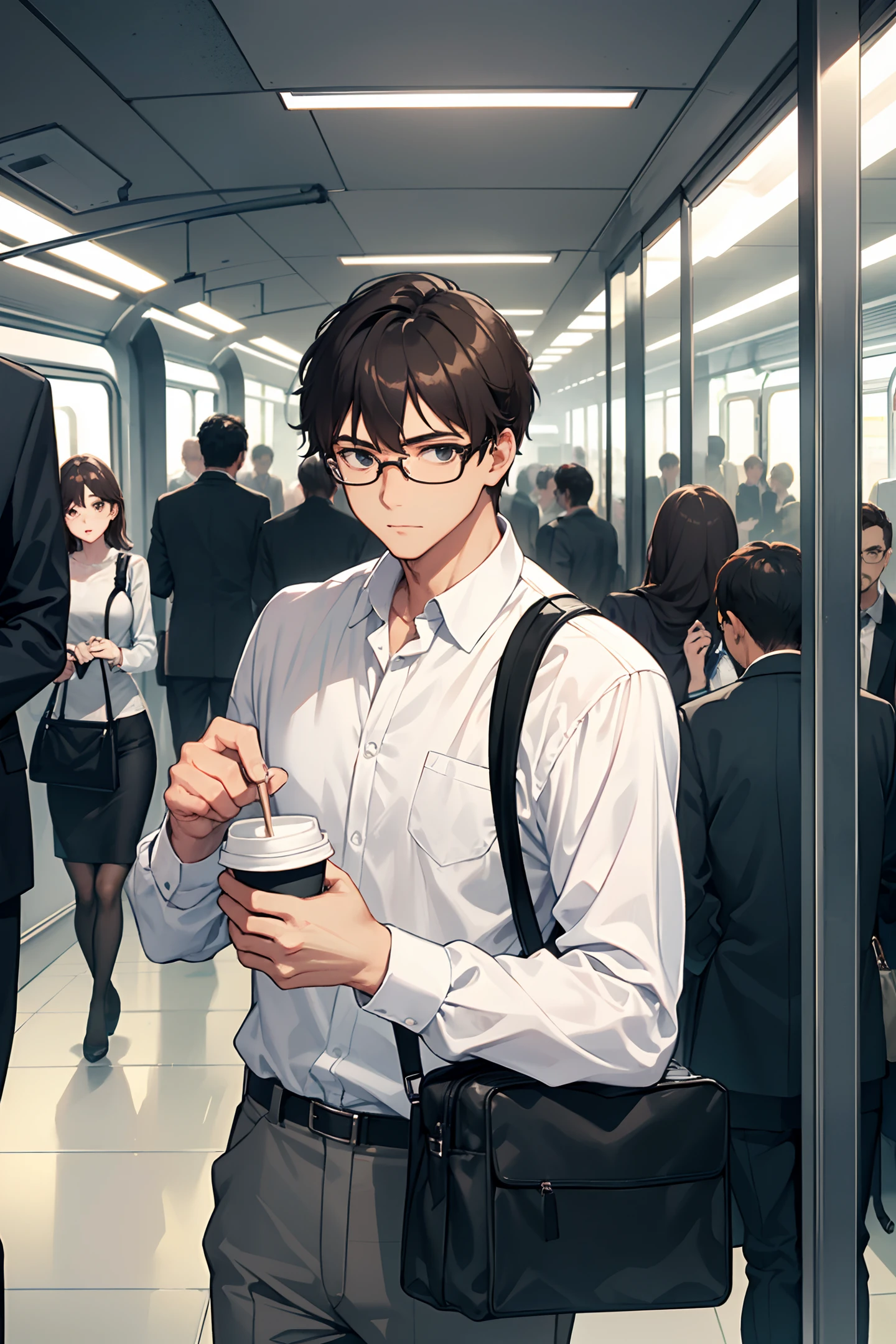 Man in crowded subway, rushing to work, wearing glasses, holding a large cup of coffee in one hand and a computer bag in the other,There are only two hands, the right hand, and one hand with five fingers