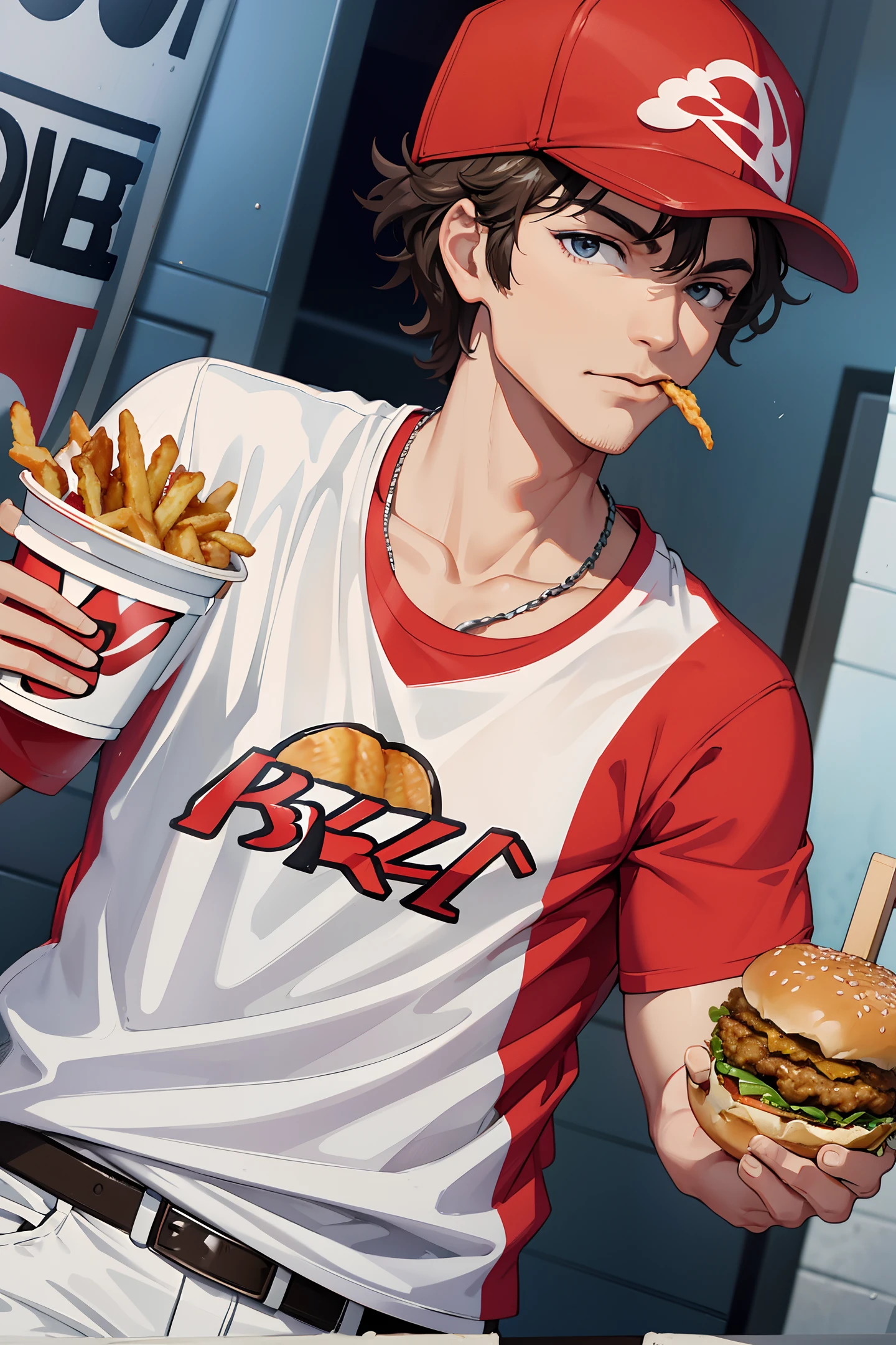 Man eating kfc burger in kfc printed t-shirt , holding kfc burger in one hand and kfc fries in the other