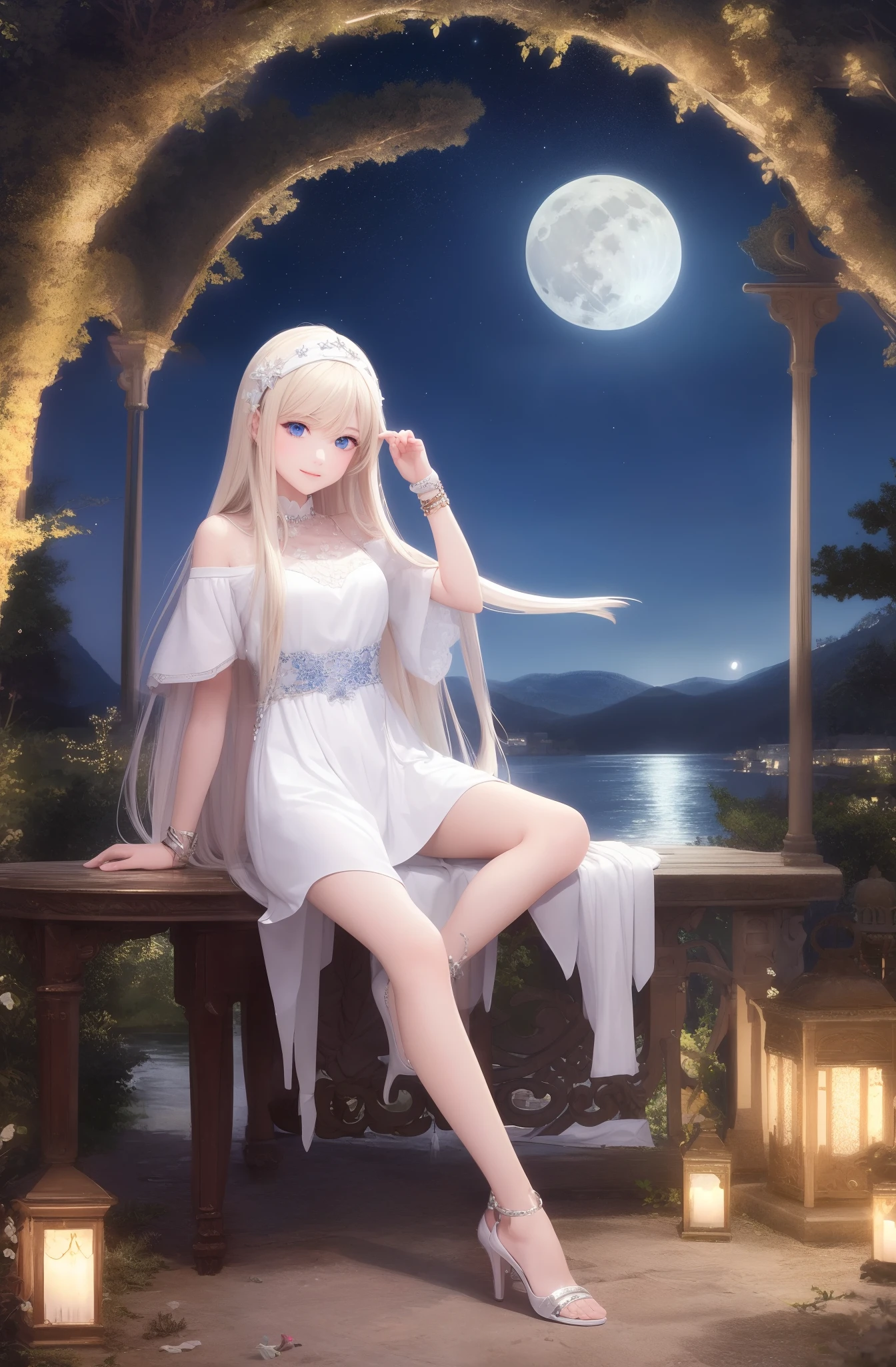 Masterpiece, best quality, night, winter, full moon, stars, album, girl, long hair, blonde, straight hair, headband, looking at viewer, light smile, blue eyes, white dress, white knees, high heels, shackles, turn In the past, gazebo by the lake, head-up view