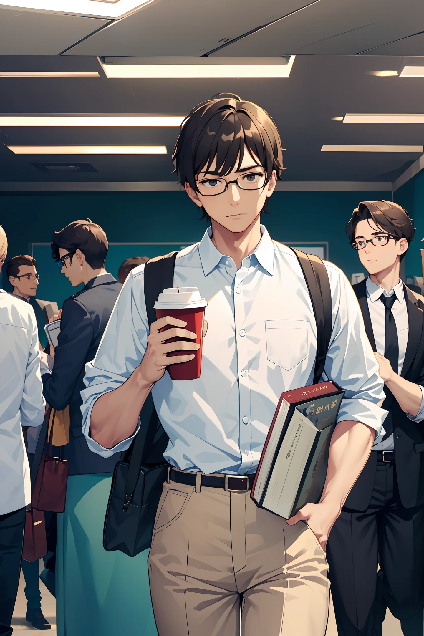 Man in crowded subway, rushing to work, wearing glasses, holding a large cup of coffee in one hand and a ((book)) in the other,There are only two hands, the right hand, and one hand with five fingers