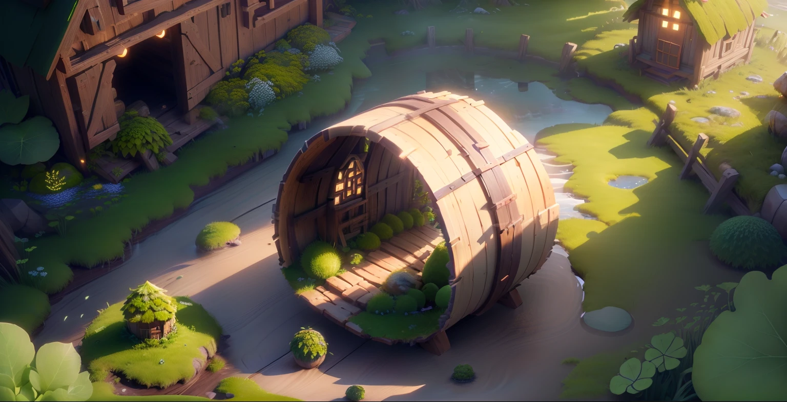 Masterpiece, best quality, (highly detailed CG unity 8k wallpaper), (best quality), (best illustration), (best shadows), round radish hut covered with moss, isometric 3D , octane rendering, ray tracing, highly detailed