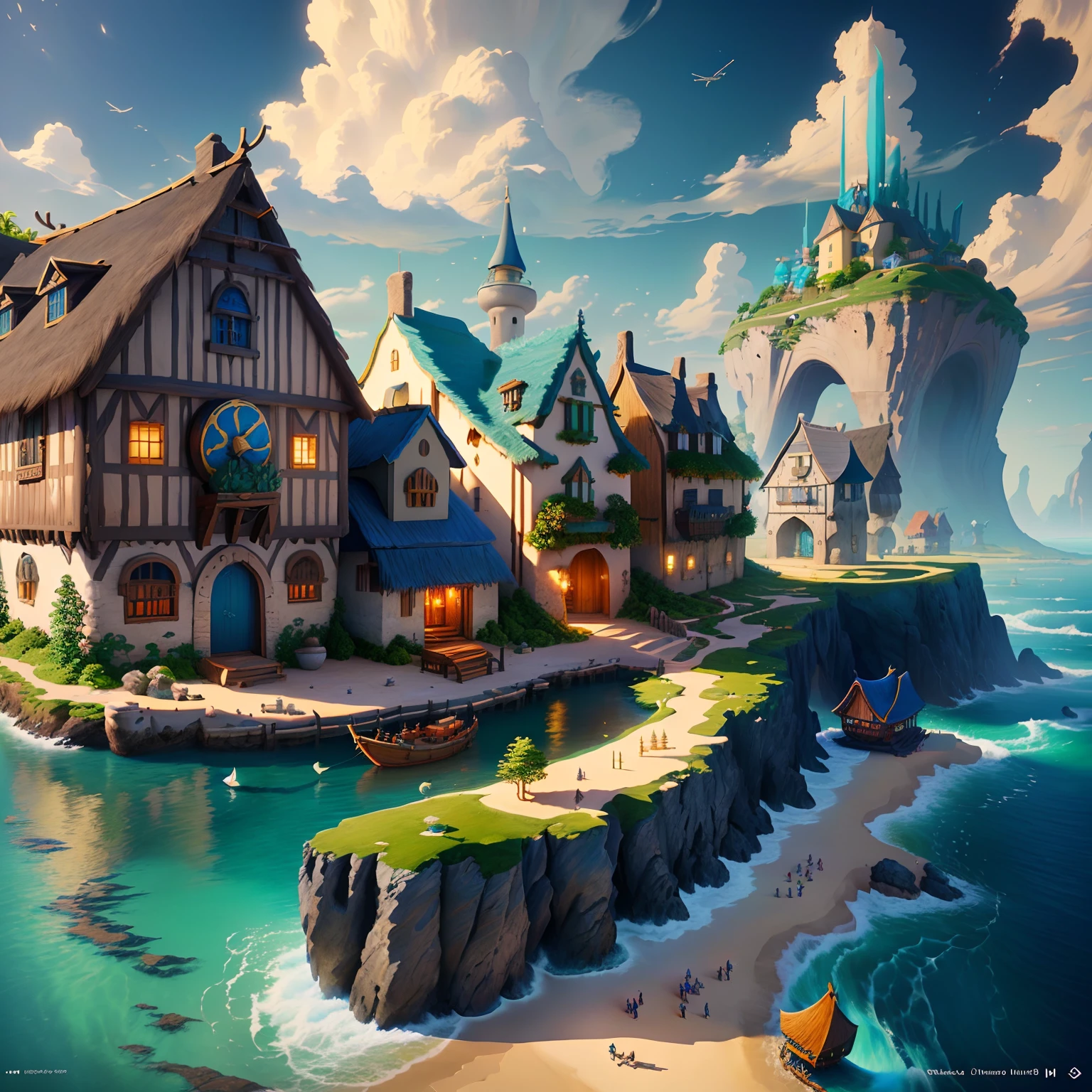 A fantasy inspired painting of a shore village in kawacy style, rendered in cinema4d, bulbous, accurate nautical details, creative character design, whimsical cartoon style, 32k uhd --ar 2:1