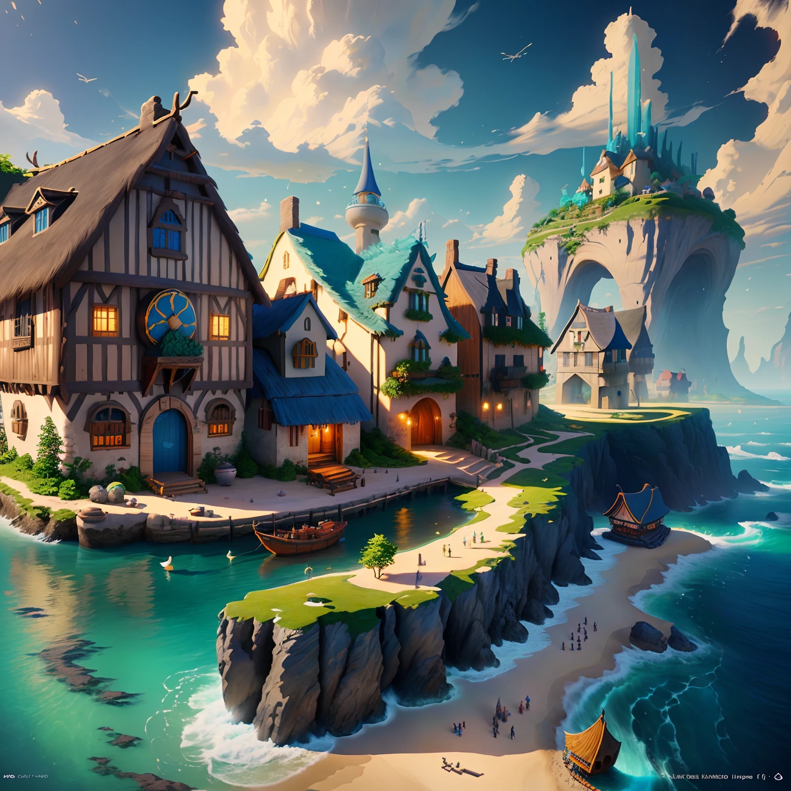 A fantasy inspired painting of a shore village in kawacy style, rendered in cinema4d, bulbous, accurate nautical details, creative character design, whimsical cartoon style, 32k uhd --ar 2:1