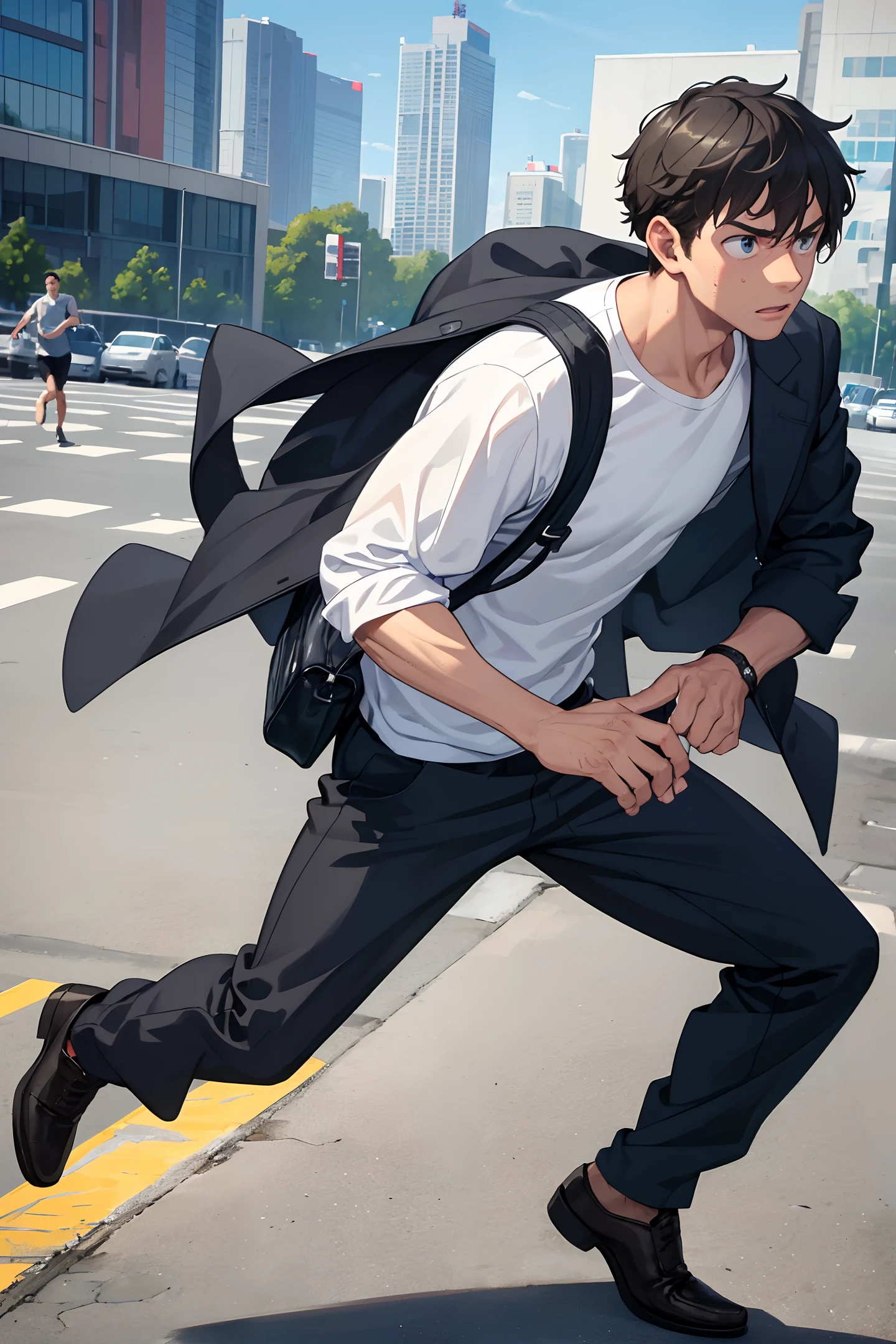 A man going to work, ((man)), running anxiously on the road, sweating profusely, carrying a bag, arriving late, clenching fists,There are only two hands, the right hand, and one hand with five fingers