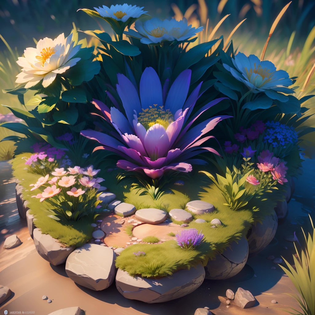 masterpiece, best quality, (extremely detailed CG unity 8k wallpaper), (best quality), (best illustration), (best shadow), Round stones overgrown with grass and flowers, isometric 3D, octane render,ray tracing,ultra detailed