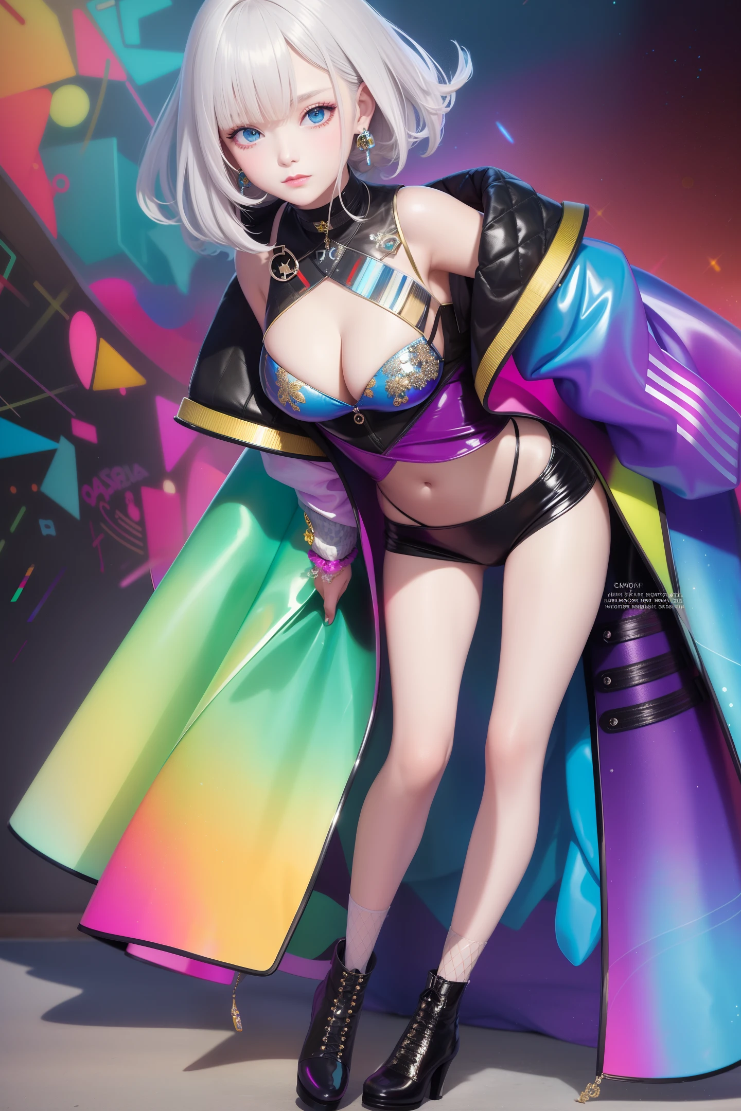 1 girl wearing colorful laser transparent PVC texture coat and fashionable shoe, whole body, beautiful eye, luster, jewelry, portrait, game original painting, anime character concept design, beautiful face, black background
