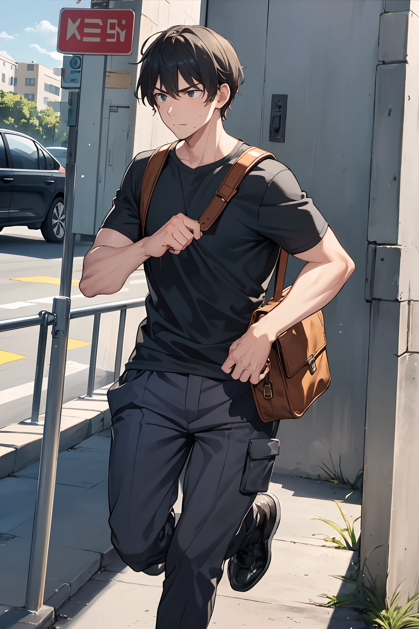 A man going to work, ((man)), running anxiously on the road, sweating profusely, carrying a bag, arriving late, clenching fists,There are only two hands, the right hand, and one hand with five fingers