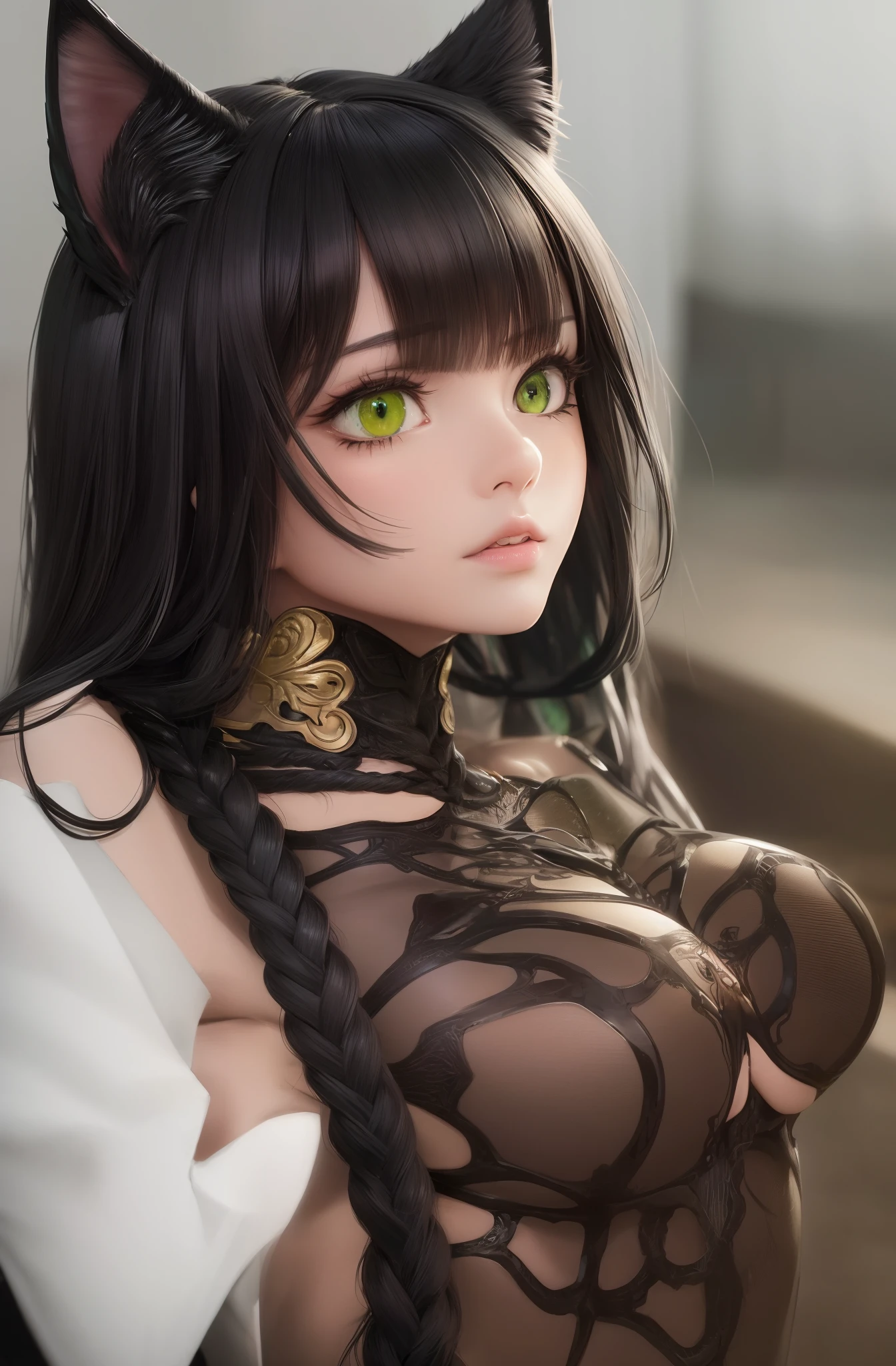best quality, masterpiece, cat
woman, 
braided bronze black hair,
Green eyes, neko

photorealistic
anatomical
art
intricate
accurate
deliberate
cinematic