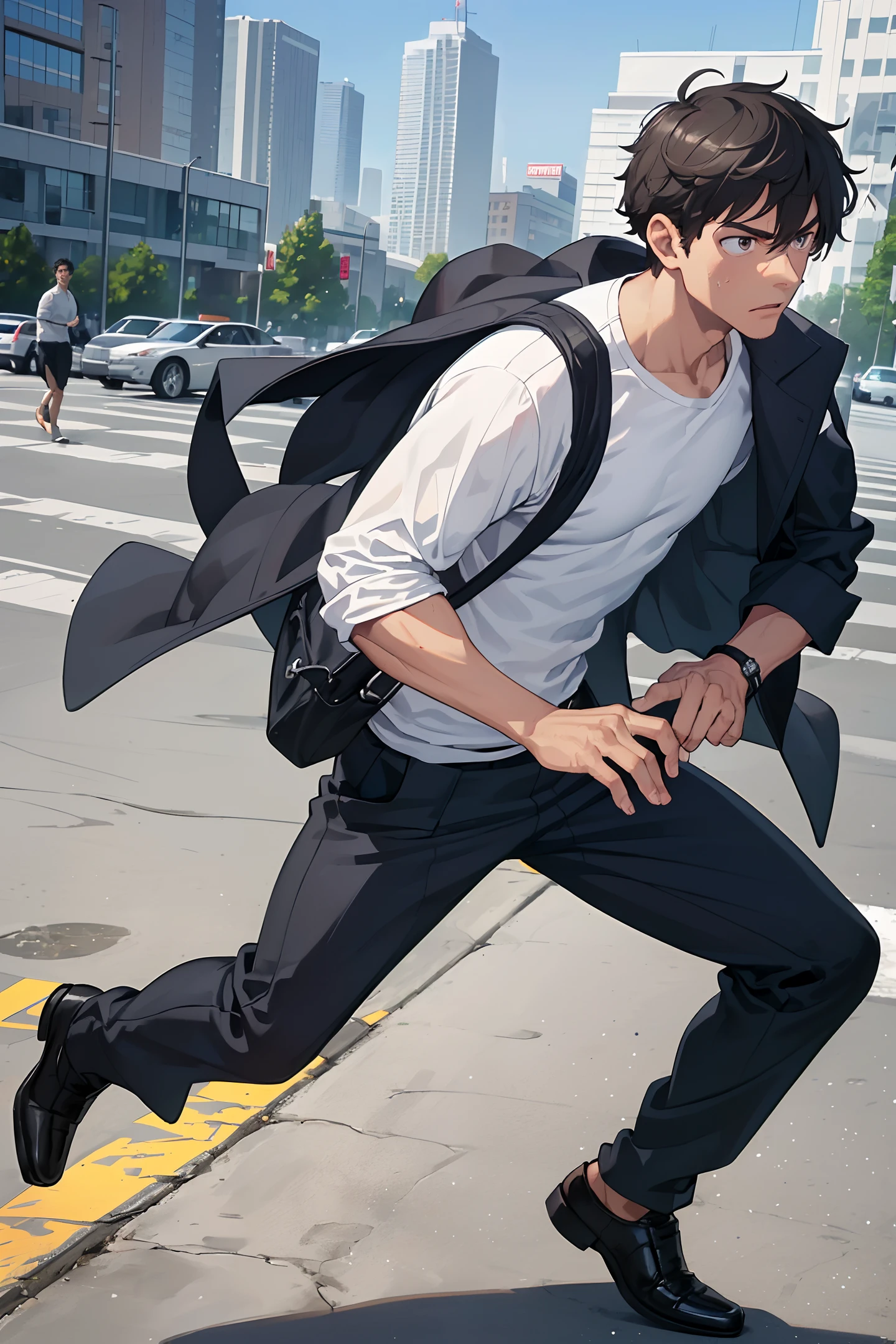 A man going to work, ((man)), running anxiously on the road, sweating profusely, , arriving late, clenching fists,(((There are only two hands, the right hand, and one hand with five fingers)))