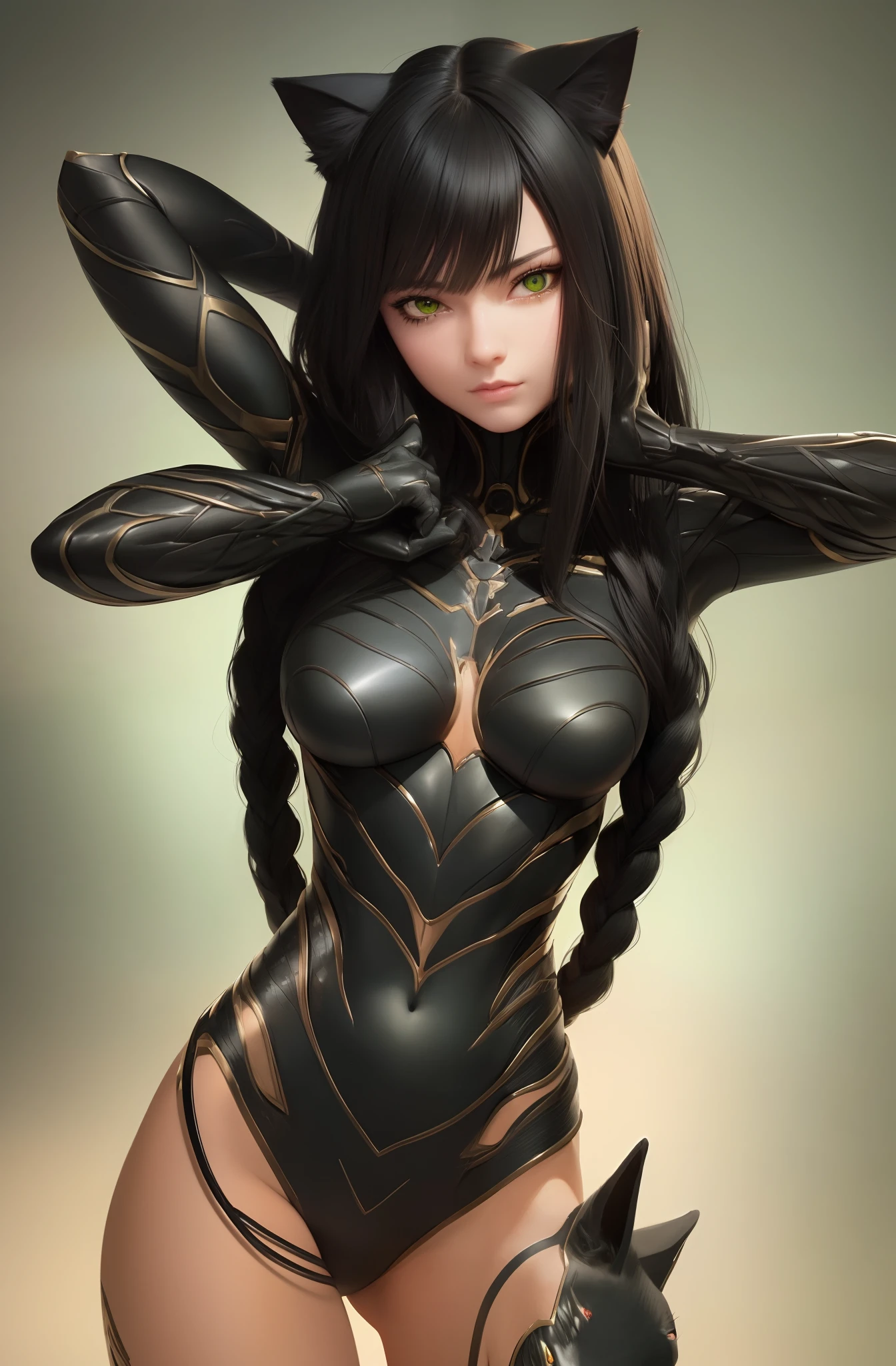 best quality, masterpiece, cat
woman, 
braided bronze black hair,
Green eyes, neko

photorealistic
anatomical
art
intricate
accurate
deliberate
cinematic