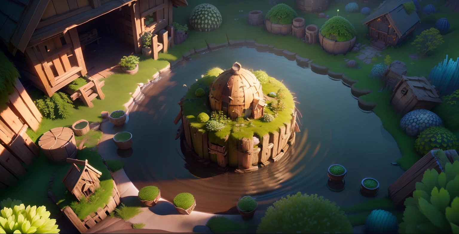 Masterpiece, best quality, (very detailed CG unity 8k wallpaper), (best quality), (best illustration), (best shadows), round turnip hut covered with moss, isometric 3D , octane rendering, ray tracing, highly detailed