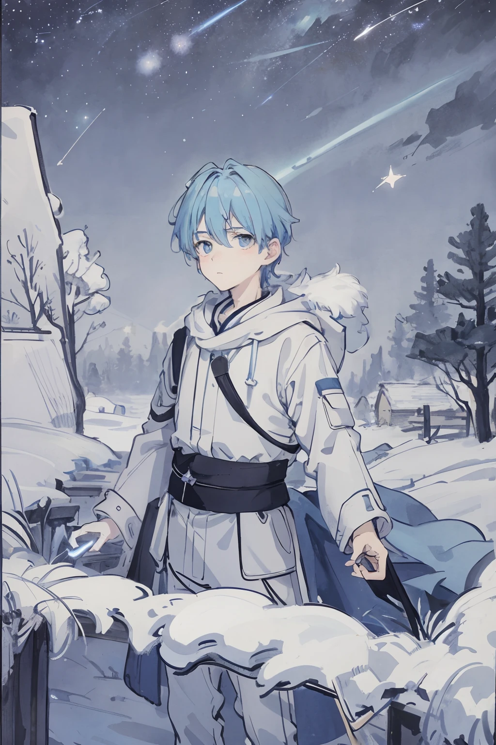 An image of a young and handsome boy with light blue hair gazing up at the starry night sky during winter, with shooting stars streaking across the heavens.