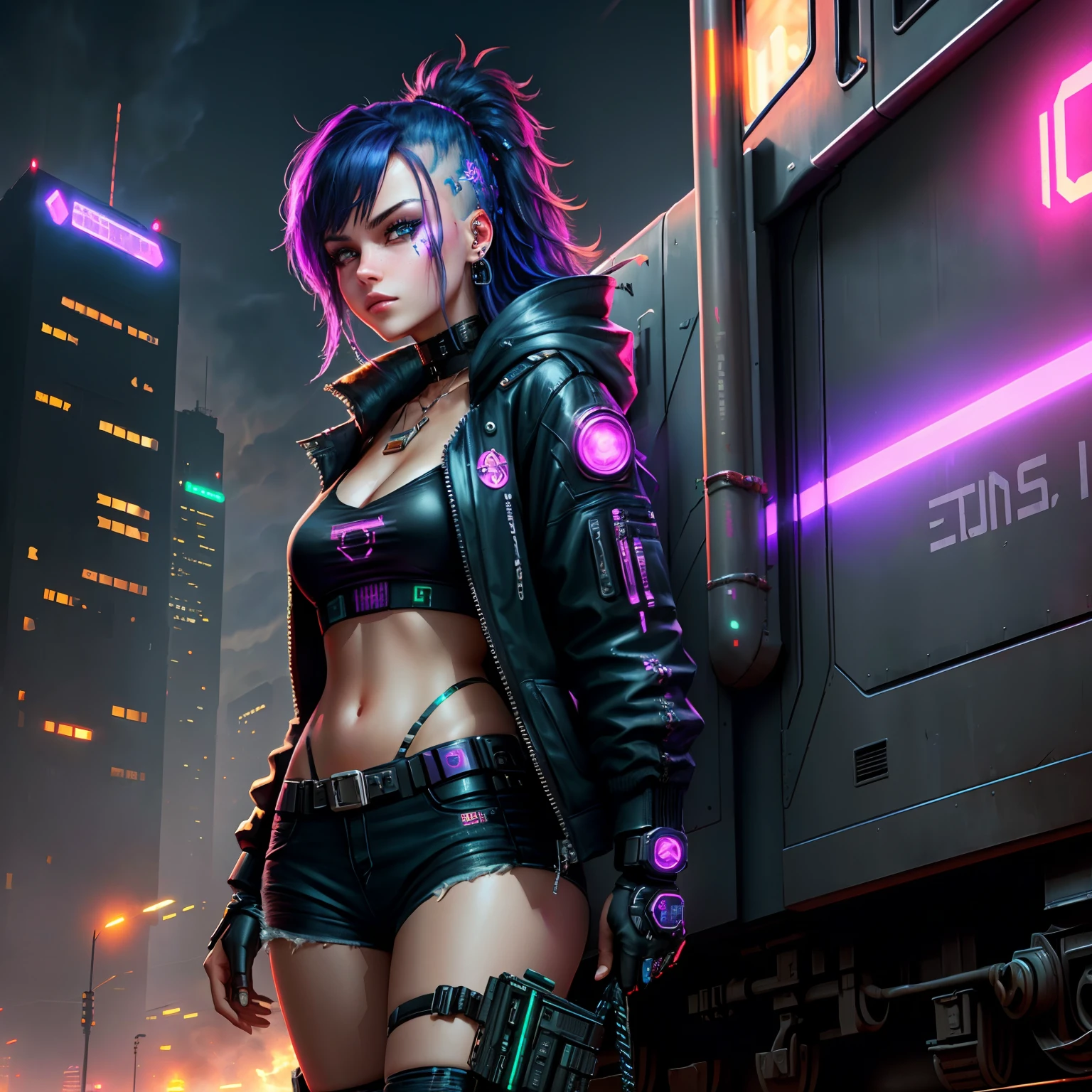 Cyberpunk city background, a cyberpunk locomotive girl