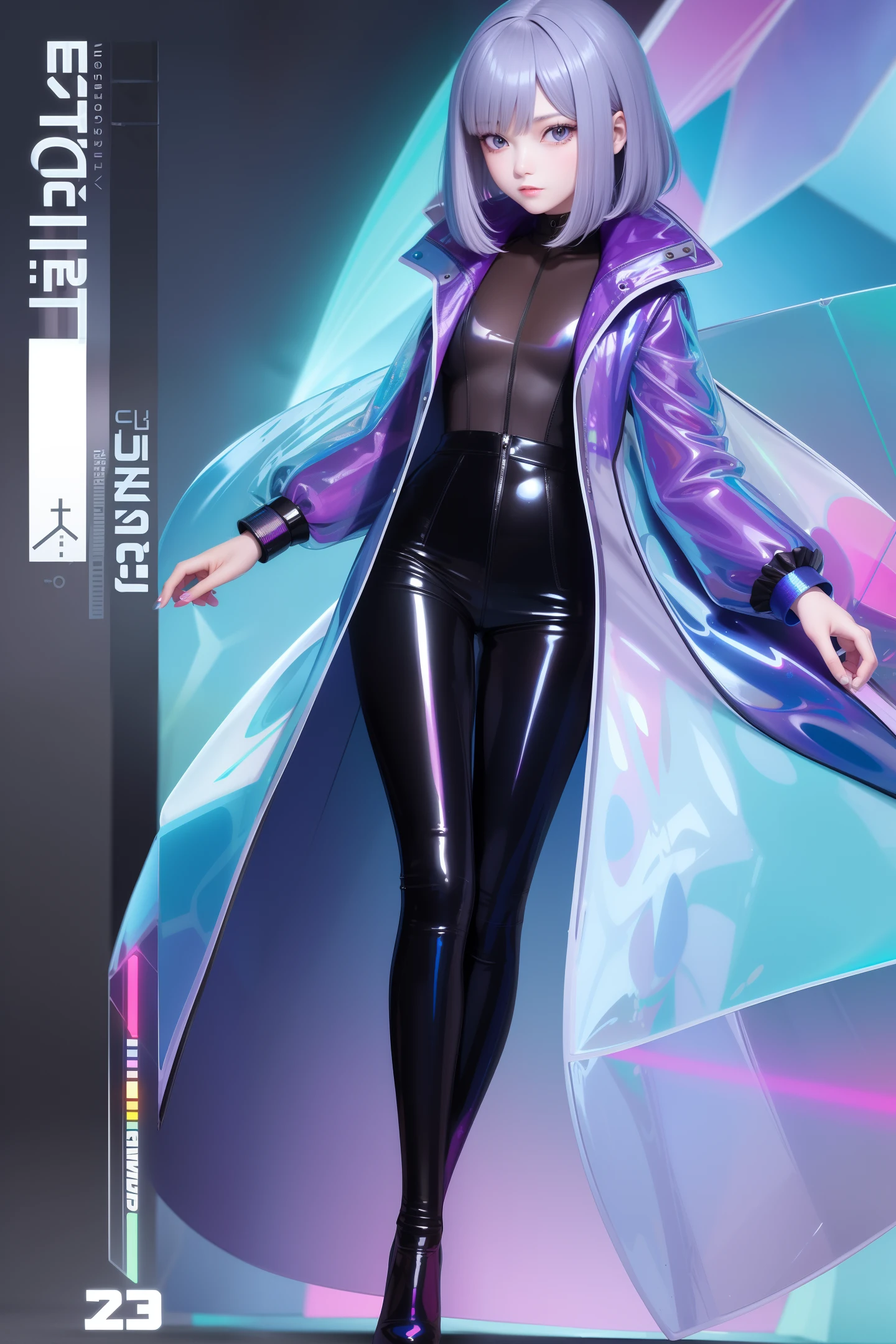 1 girl wearing ((colorful laser transparent PVC texture)) coat and shoe, thin film interference, whole body, beautiful eye, luster, jewelry, portrait, game original painting, anime character concept design, beautiful face, black background