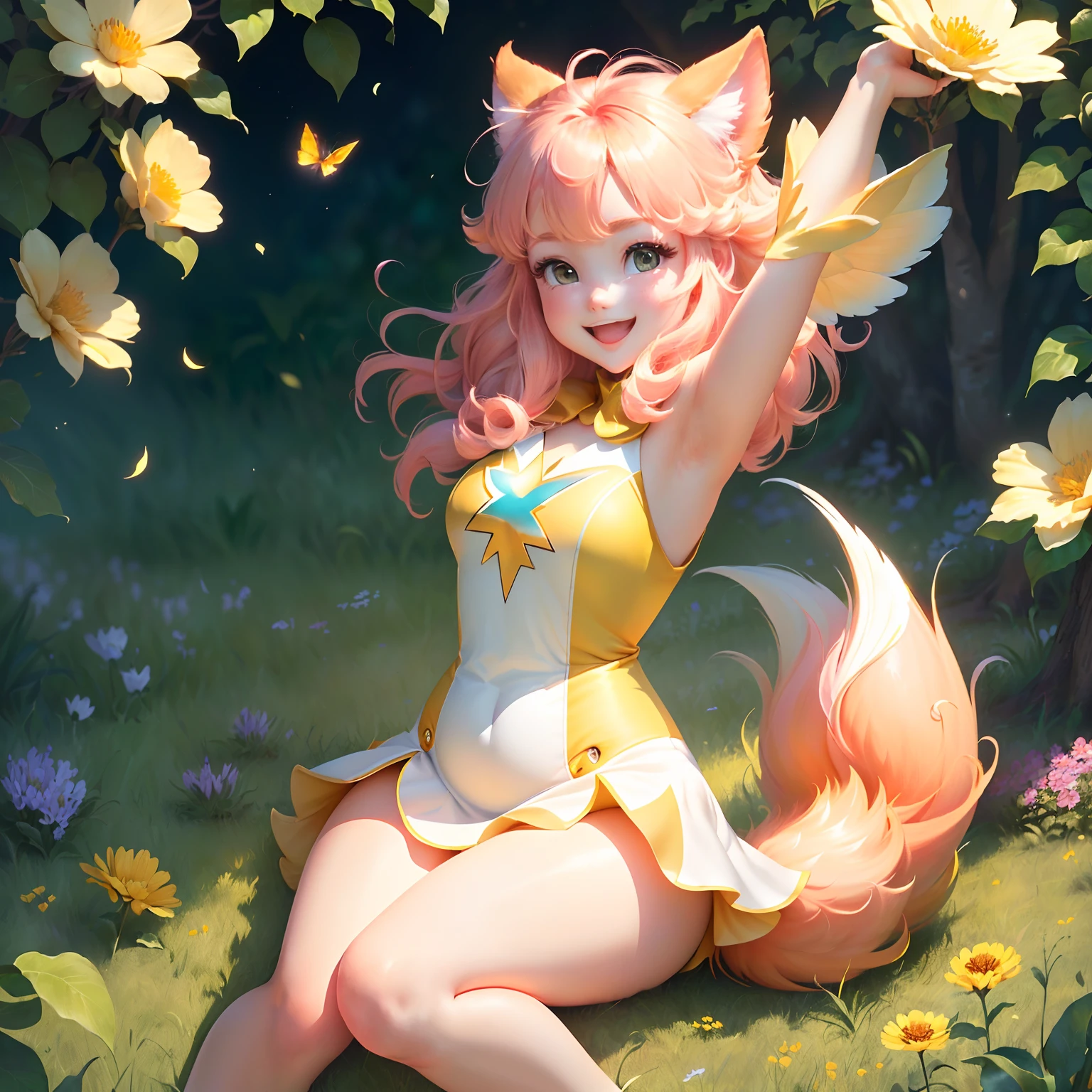 (extremely detailed CG unity 8k wallpaper,masterpiece, best quality, ultra-detailed),(best illumination, best shadow, an extremely delicate and beautiful),(1 Pokemon),(yellow fur, super cute rounded features, rosy cheeks, big, sparkly eyes),smiling with open mouth and squinted eyes, (tail up, ears perked), white belly, lightning bolt-shaped tail,red shiny cheeks, high saturation, dynamic pose, on grassy meadow, surrounded by colorful flowers and butterflies, depth of field, soft sunlight, smiling with happiness.