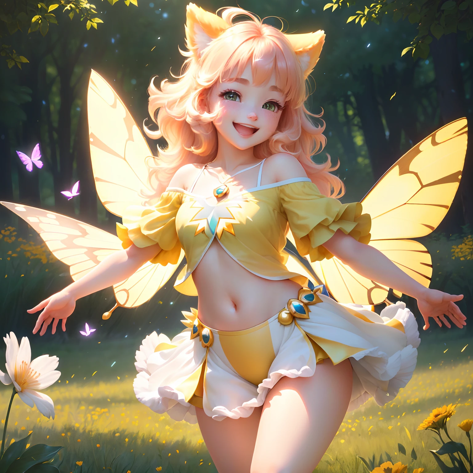 (extremely detailed CG unity 8k wallpaper,masterpiece, best quality, ultra-detailed),(best illumination, best shadow, an extremely delicate and beautiful),(1 Pokemon),(yellow fur, super cute rounded features, rosy cheeks, big, sparkly eyes),smiling with open mouth and squinted eyes, (tail up, ears perked), white belly, lightning bolt-shaped tail,red shiny cheeks, high saturation, dynamic pose, on grassy meadow, surrounded by colorful flowers and butterflies, depth of field, soft sunlight, smiling with happiness.