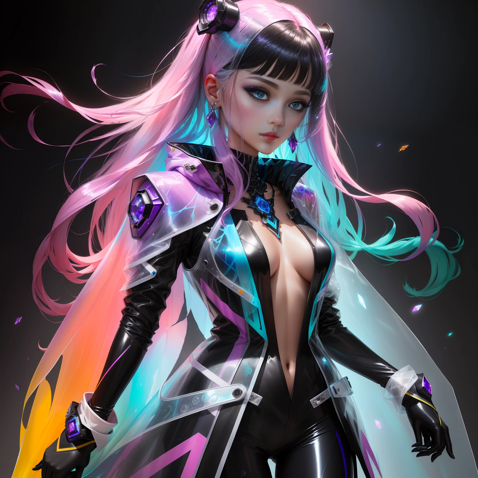 1 girl wearing colorful transparent PVC texture coat (((film interference))), whole body, beautiful eye, luster, jewelry, portrait, game original painting, anime character concept design, beautiful face, black background