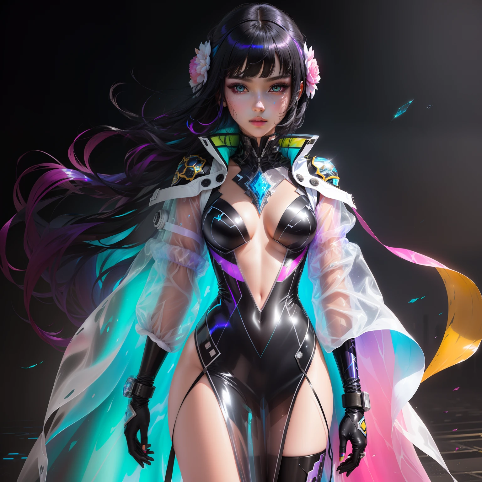 1 girl wearing colorful transparent PVC texture coat (((film interference))), whole body, beautiful eye, er, jewelry, portrait, game original painting, anime character concept design, beautiful face, black background