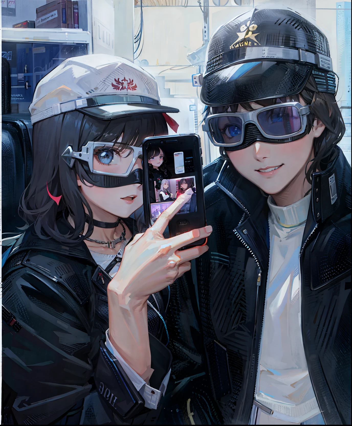 The girl on the left is taking a selfie with her phone，On the right is a handsome boy.



