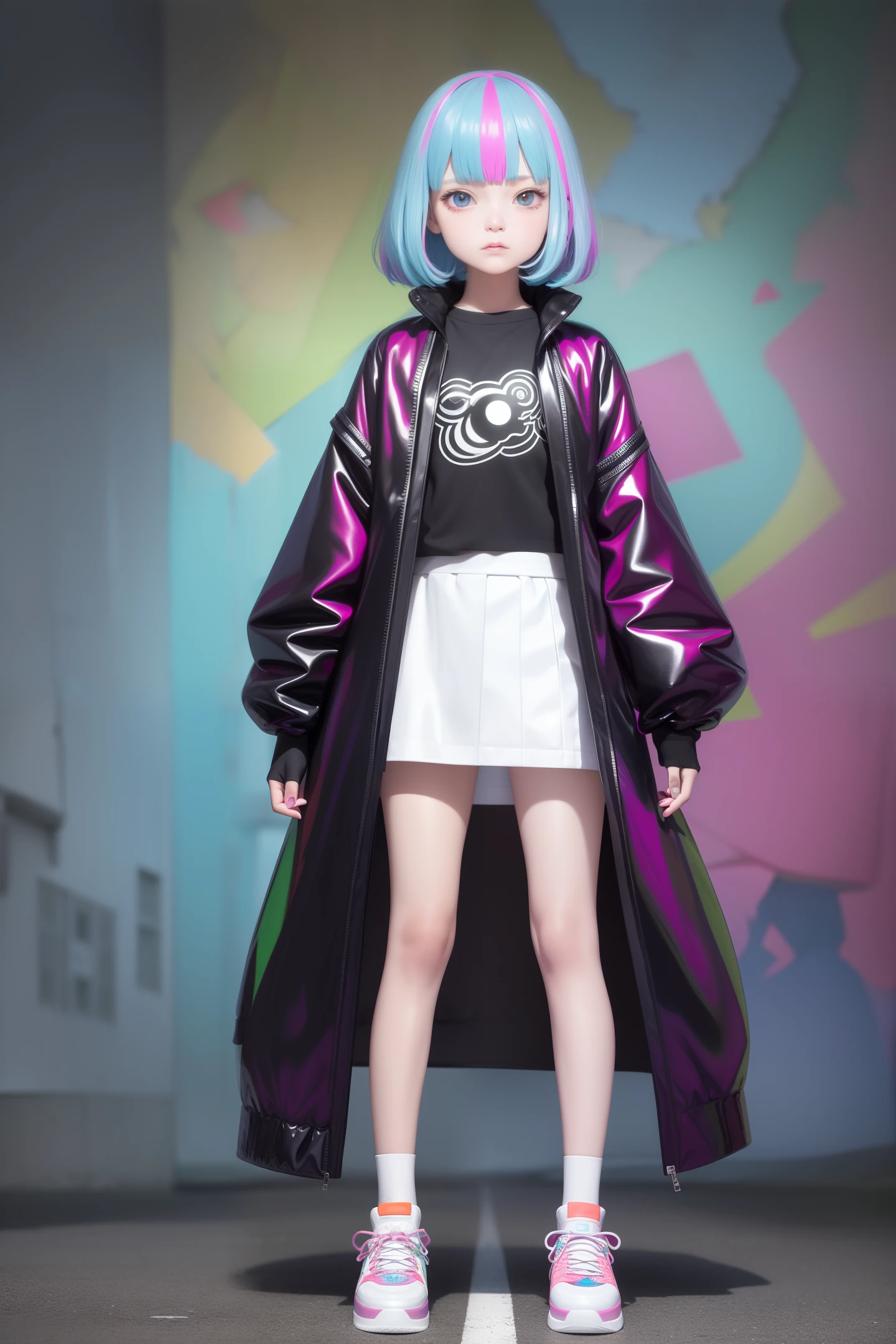 1 girl wearing colorful PVC texture coat ((film interference)), whole body, wearing sneakers, standing on the street, sad expression, beautiful eyes, luster, jewelry, portrait, game original painting, anime character concept design, beautiful face, black background