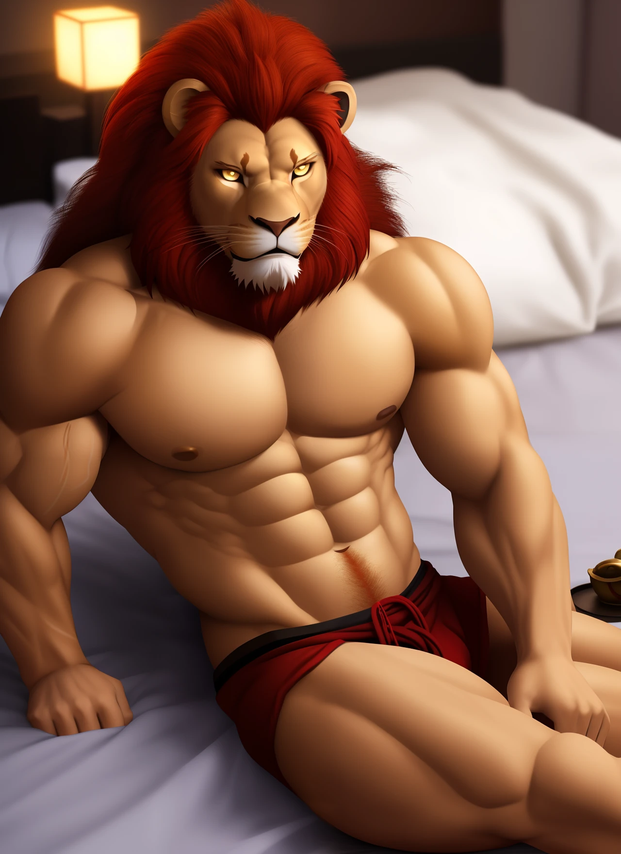 muscular, male, (lion head: 1.0), furry, kemono, photo, realism, cgi, warrior, (lie on the bed: 1.2), iron fist, glowing eyes, red hair, (baki: 1.2), teeth