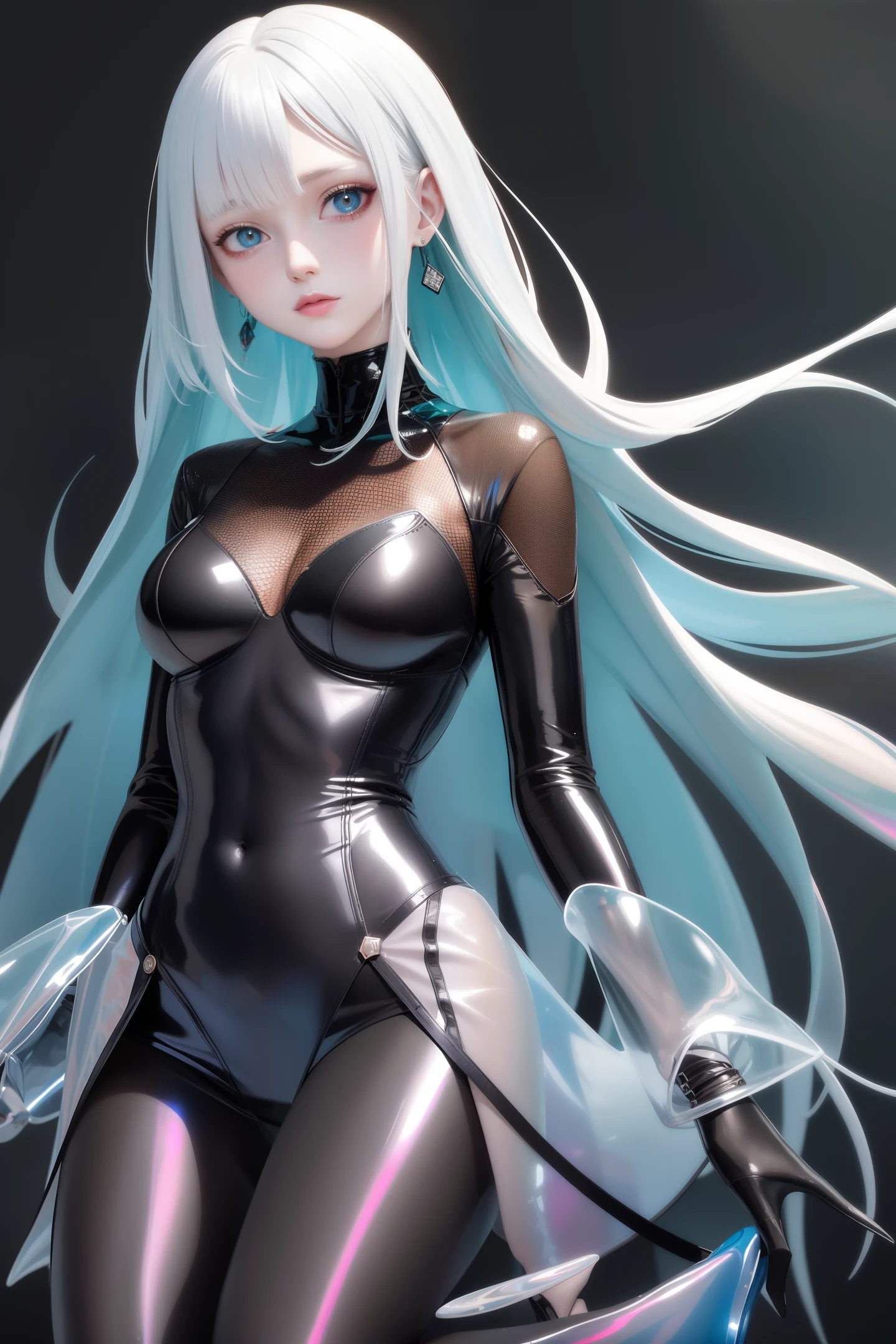 1 girl wearing colorful transparent pvc texture coat and shoe (((thin film interference))), whole body, perfect waist-hip ratio, prism, beautiful eyes, brilliance, jewelry, portrait, game original painting, anime character concept design, beautiful face, black background