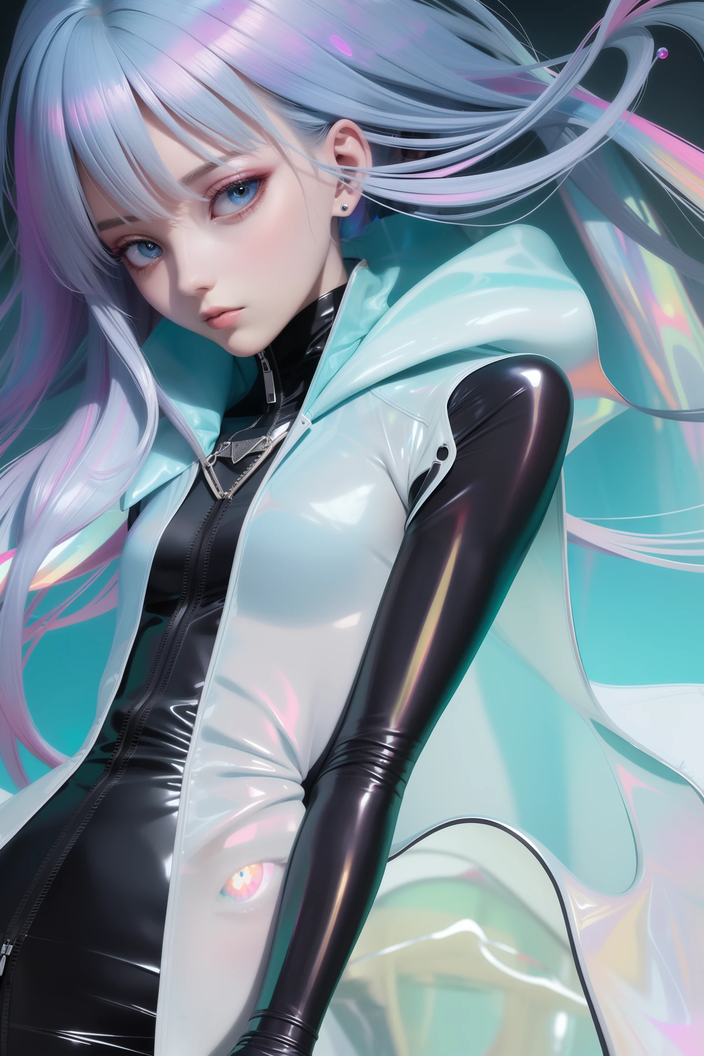 1 girl wears colorful transparent pvc texture sport coat and shoe (((thin film interference))), whole body, perfect waist-hip ratio, prism, melancholy expression, beautiful eyes, brilliance, jewelry, portrait, game original painting, anime character concept design, beautiful face, black background