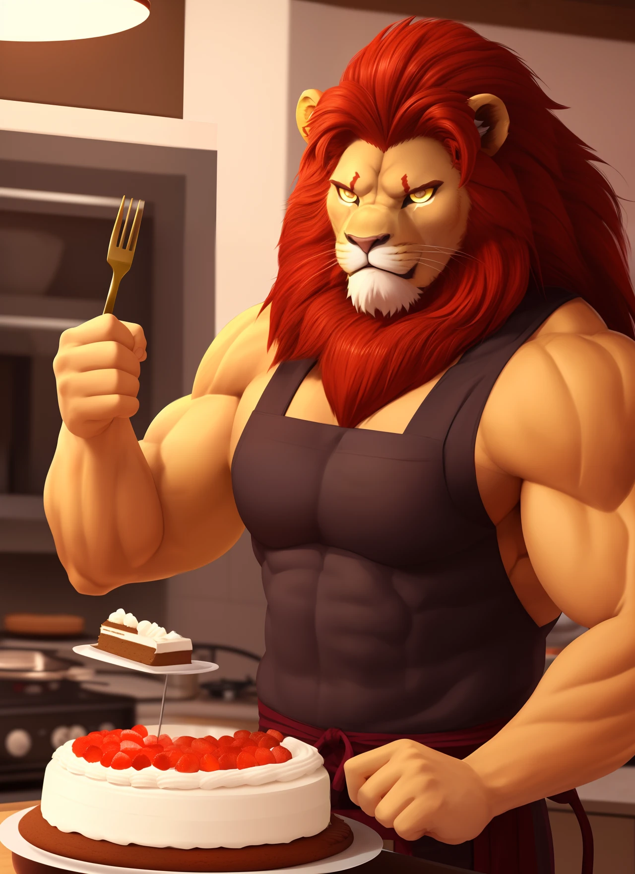 muscular, male, (lion head: 1.0), furry, kemono, photo, realism, cgi, warrior, (cooking cake: 1.2), iron fist, glowing eyes, red hair, (baki: 1.2), teeth, smile